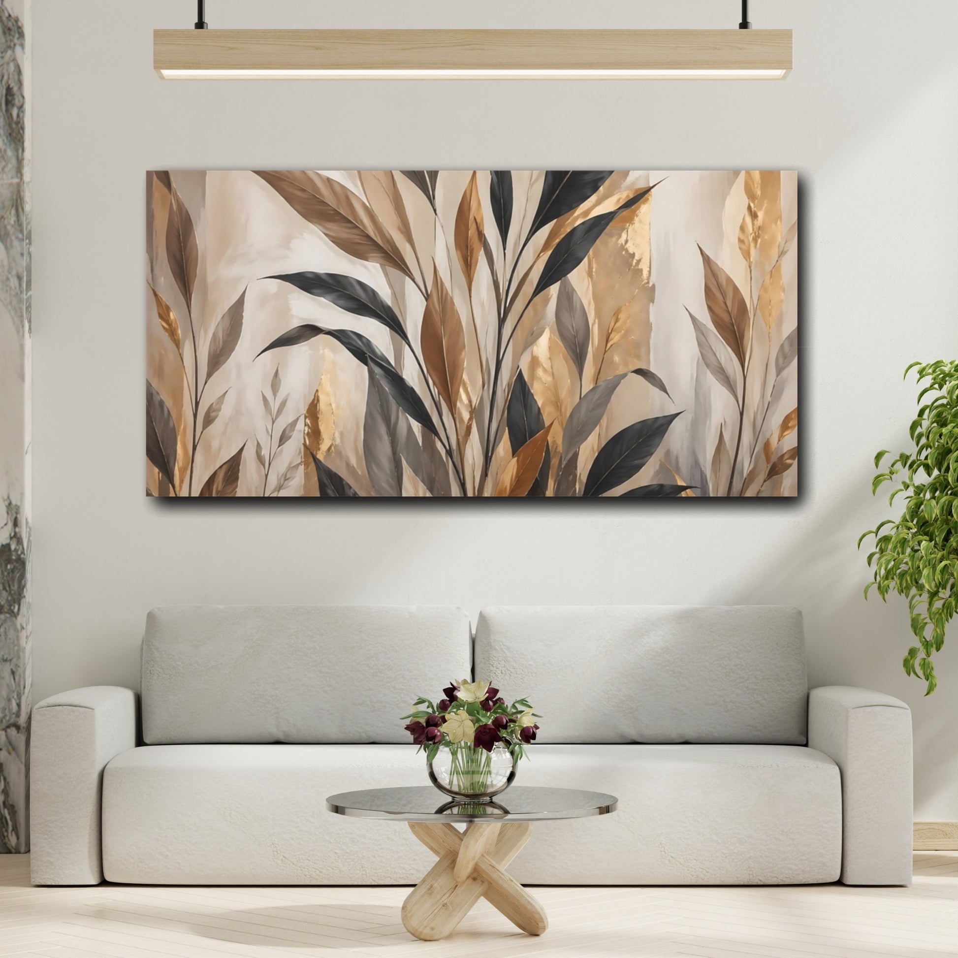 Mockup 3. Nature Tropical Leaves Brown And Gold Foliage shown as stretched canvas wall art