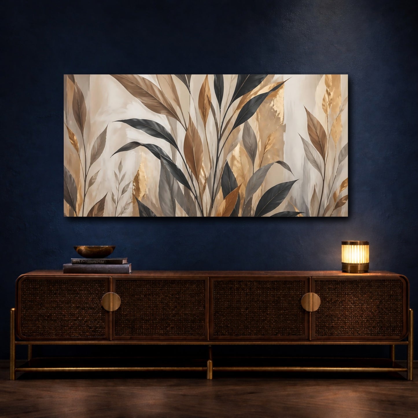 Mockup 4. Nature Tropical Leaves Brown And Gold Foliage shown as stretched canvas wall art