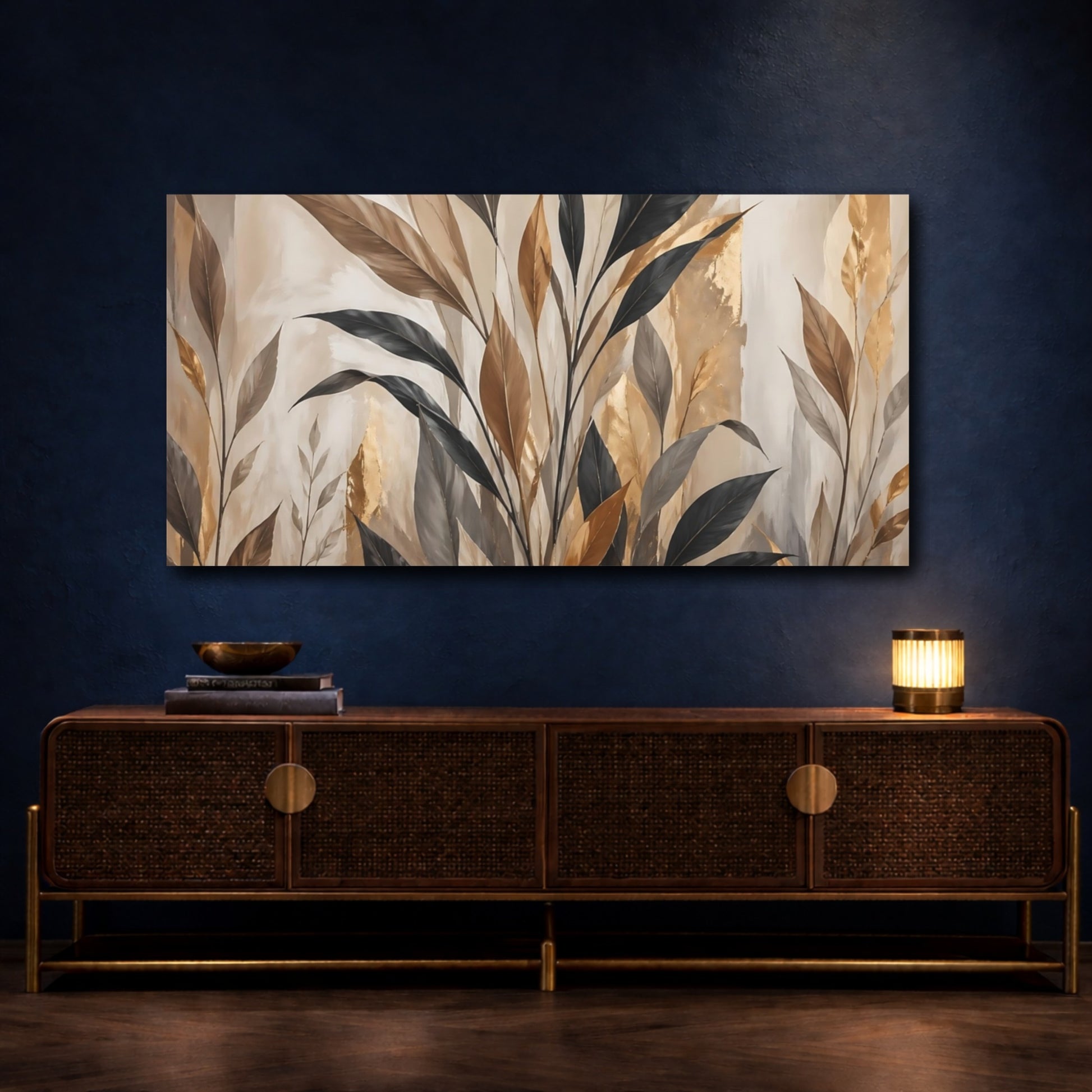 Mockup 4. Nature Tropical Leaves Brown And Gold Foliage shown as stretched canvas wall art
