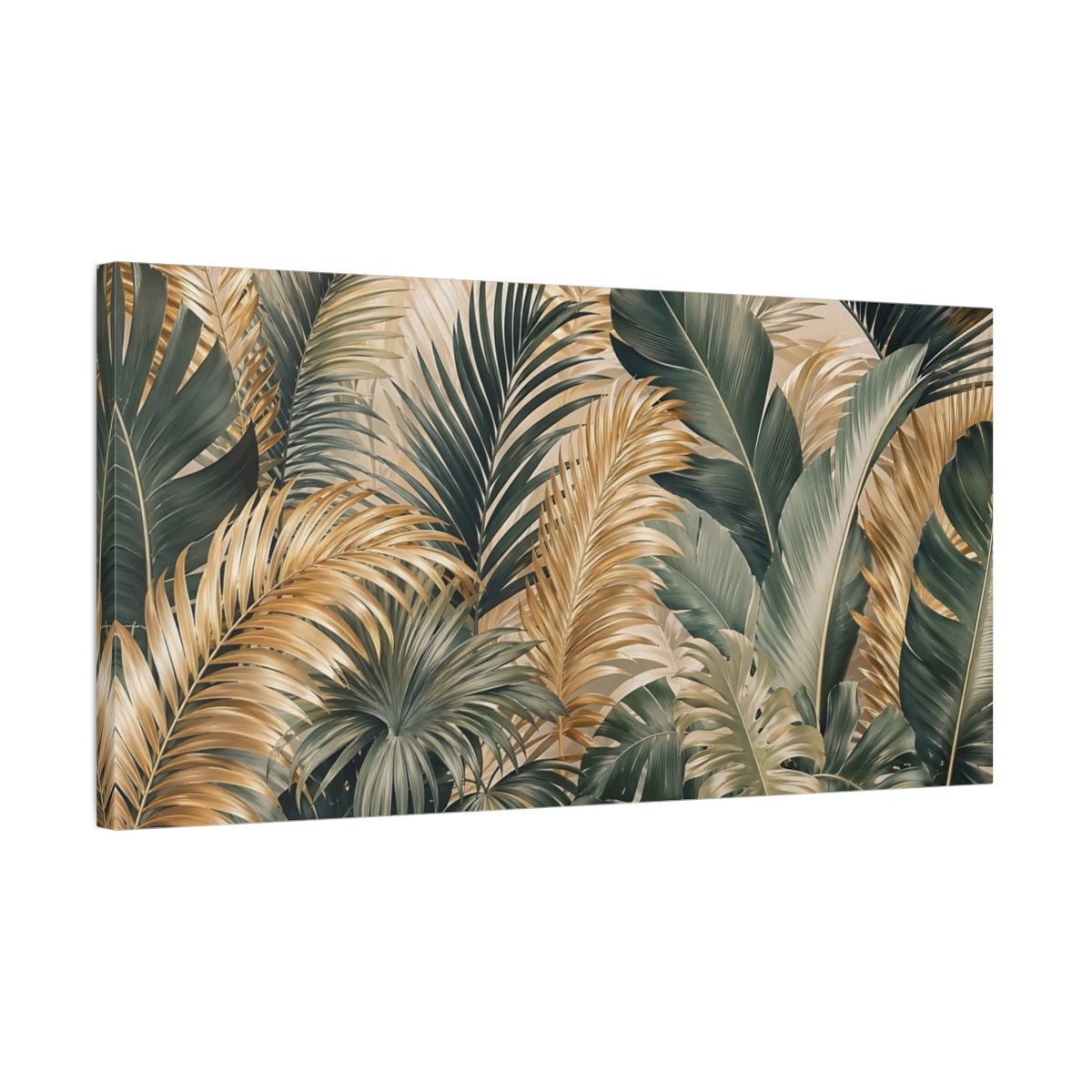 Side Mockup 1. Nature Tropical Leaves Green And Gold Tropical shown as stretched canvas wall art