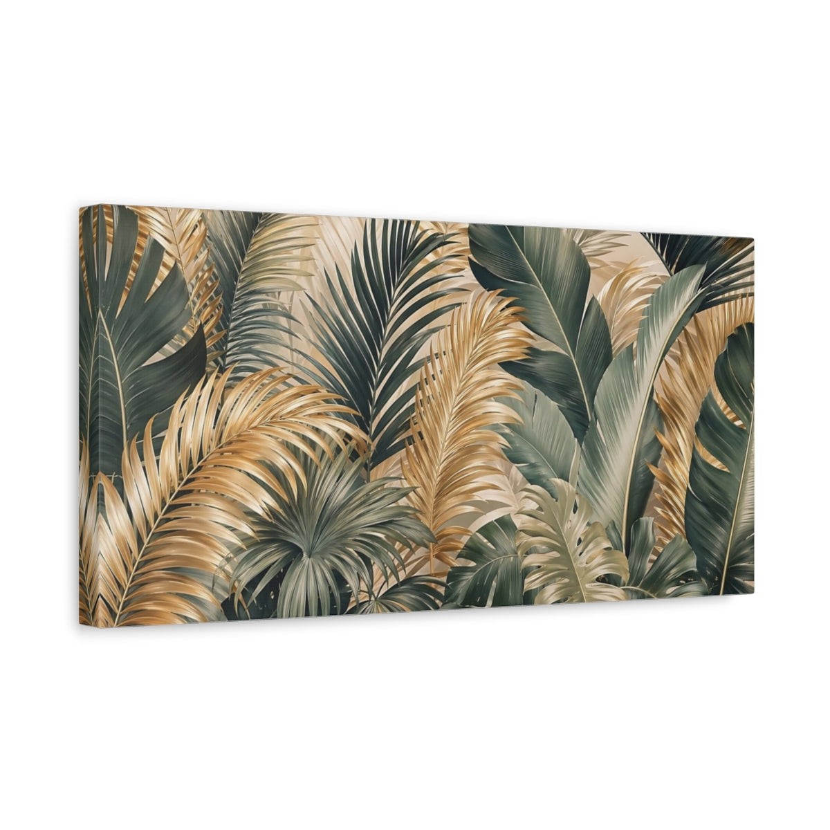 Side Mockup 3. Nature Tropical Leaves Green And Gold Tropical shown as stretched canvas wall art
