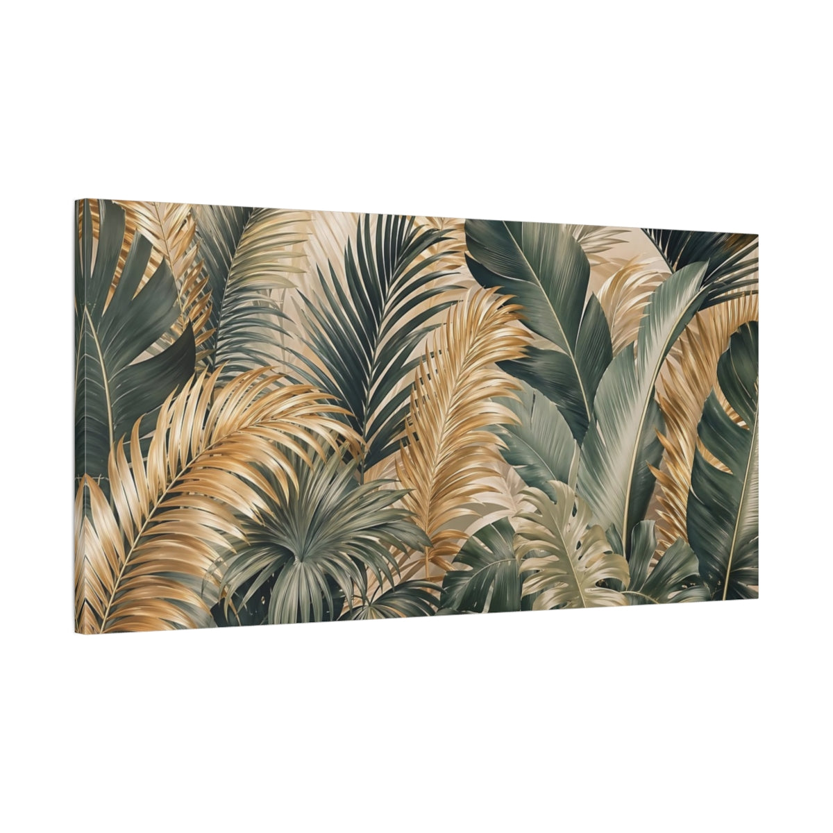 Main Mockup. Nature Tropical Leaves Green And Gold Tropical shown as stretched canvas wall art