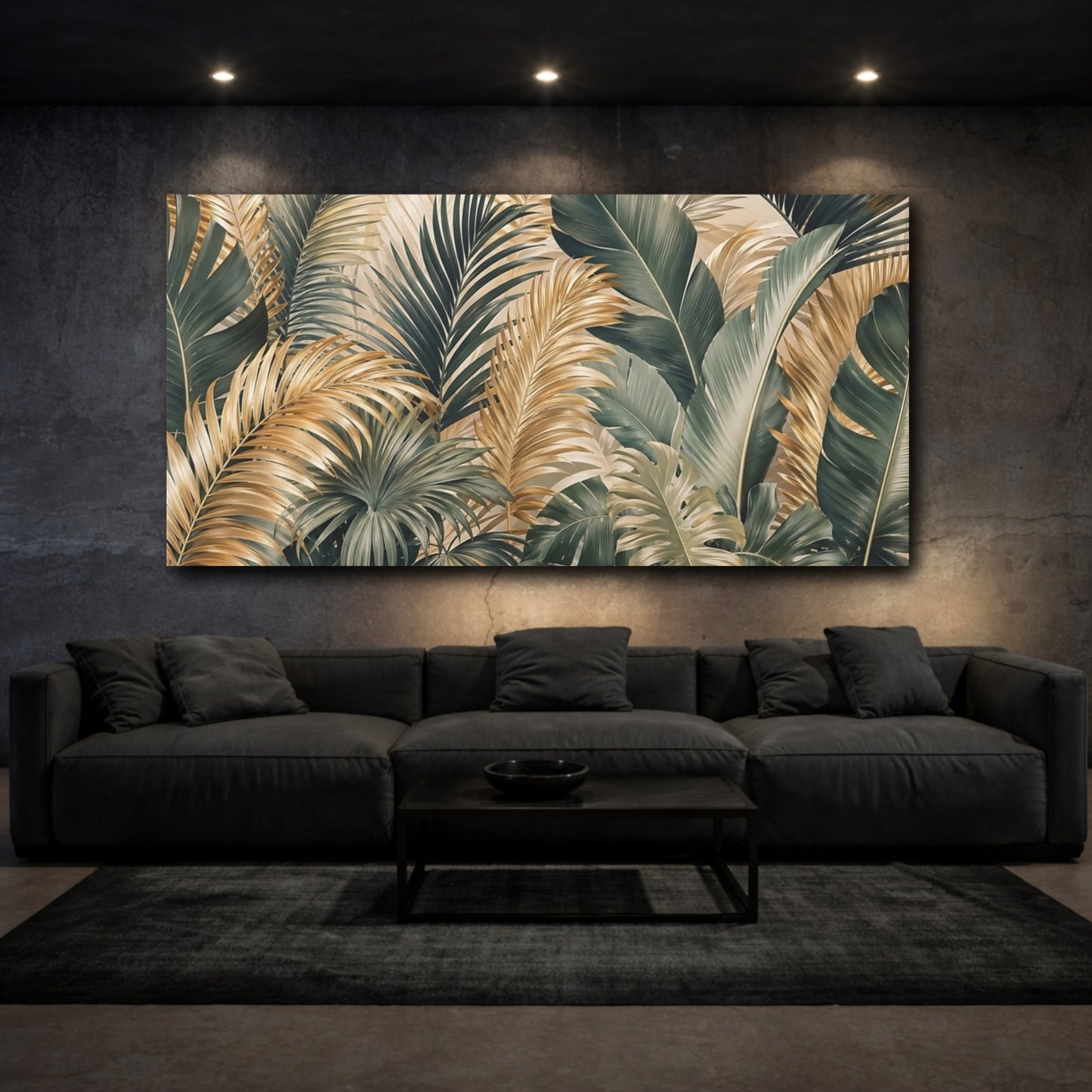 Mockup 2. Nature Tropical Leaves Green And Gold Tropical shown as stretched canvas wall art