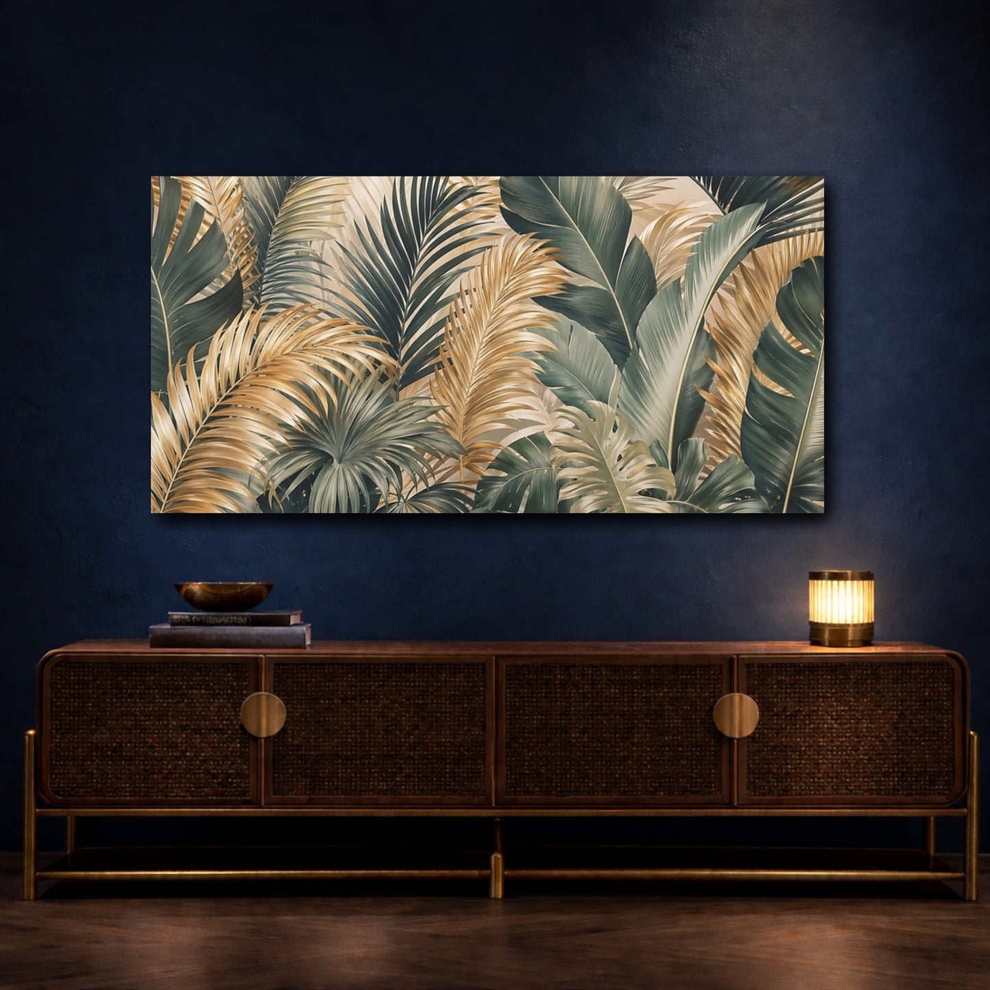 Mockup 3. Nature Tropical Leaves Green And Gold Tropical shown as stretched canvas wall art