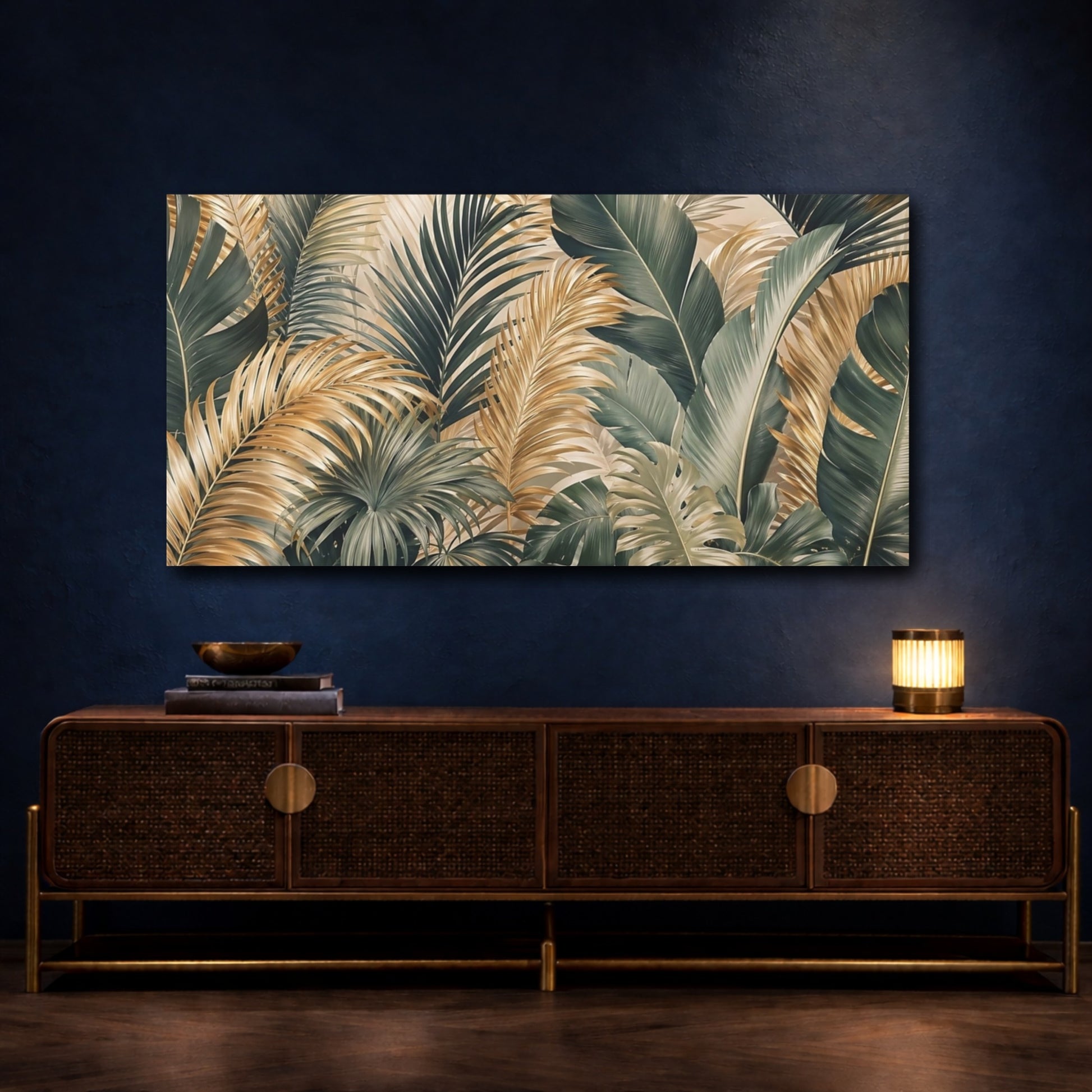Mockup 3. Nature Tropical Leaves Green And Gold Tropical shown as stretched canvas wall art