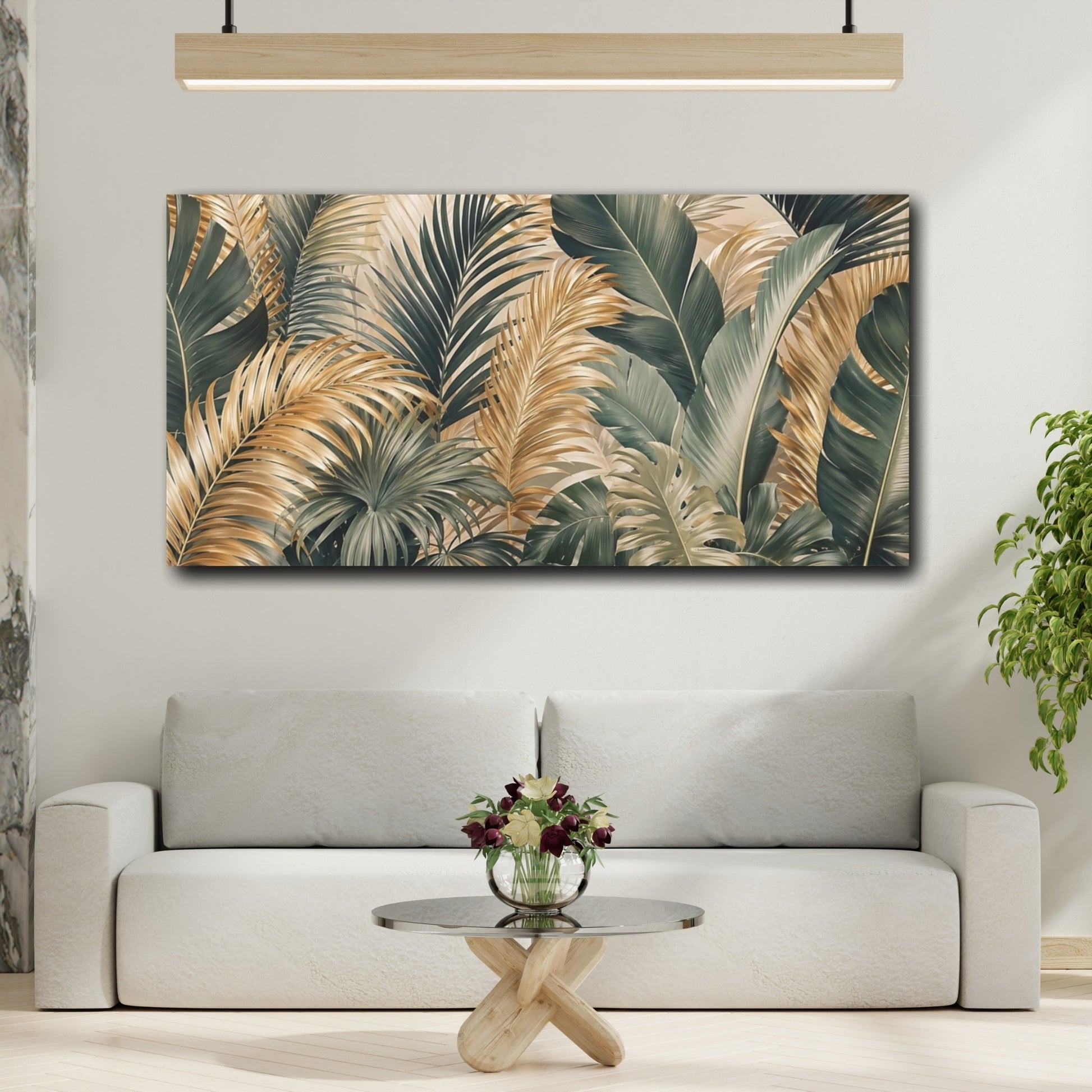 Mockup 4. Nature Tropical Leaves Green And Gold Tropical shown as stretched canvas wall art