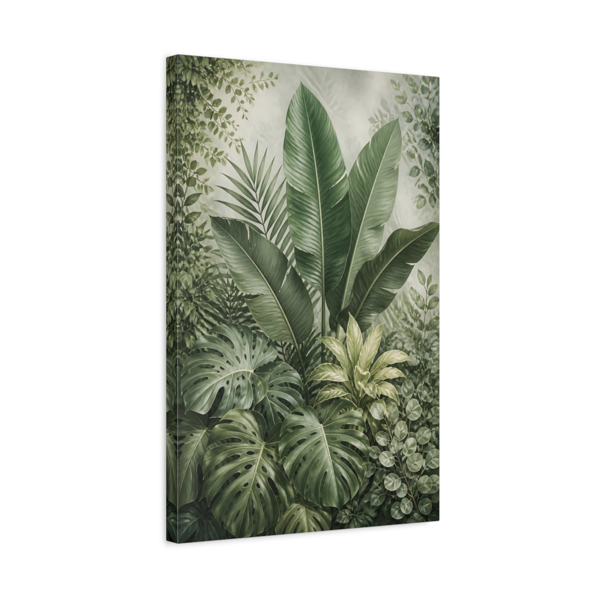 Side Mockup 3. Nature Tropical Leaves Green Botanical shown as stretched canvas wall art