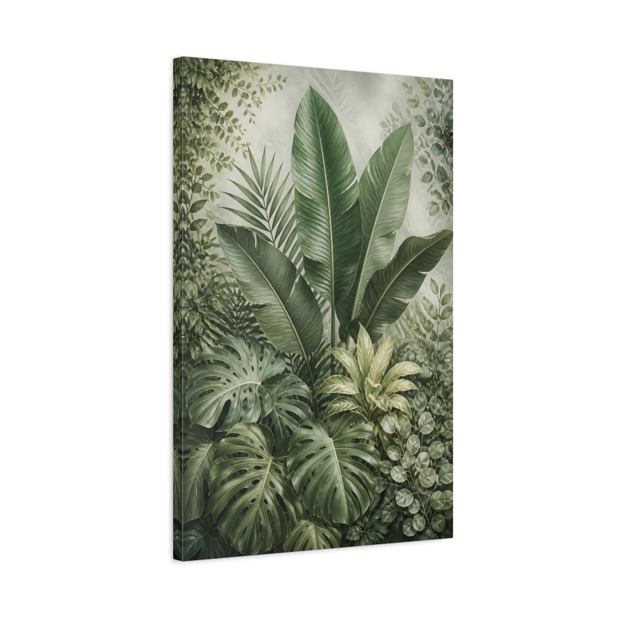 Side Mockup 2. Nature Tropical Leaves Green Botanical shown as stretched canvas wall art
