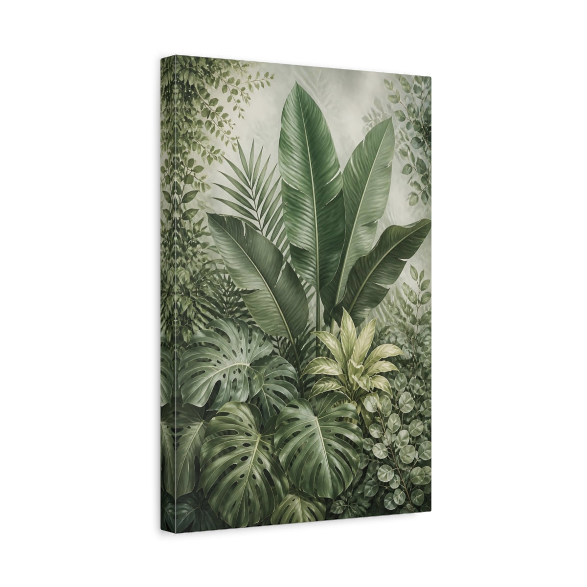 Side Mockup 4. Nature Tropical Leaves Green Botanical shown as stretched canvas wall art