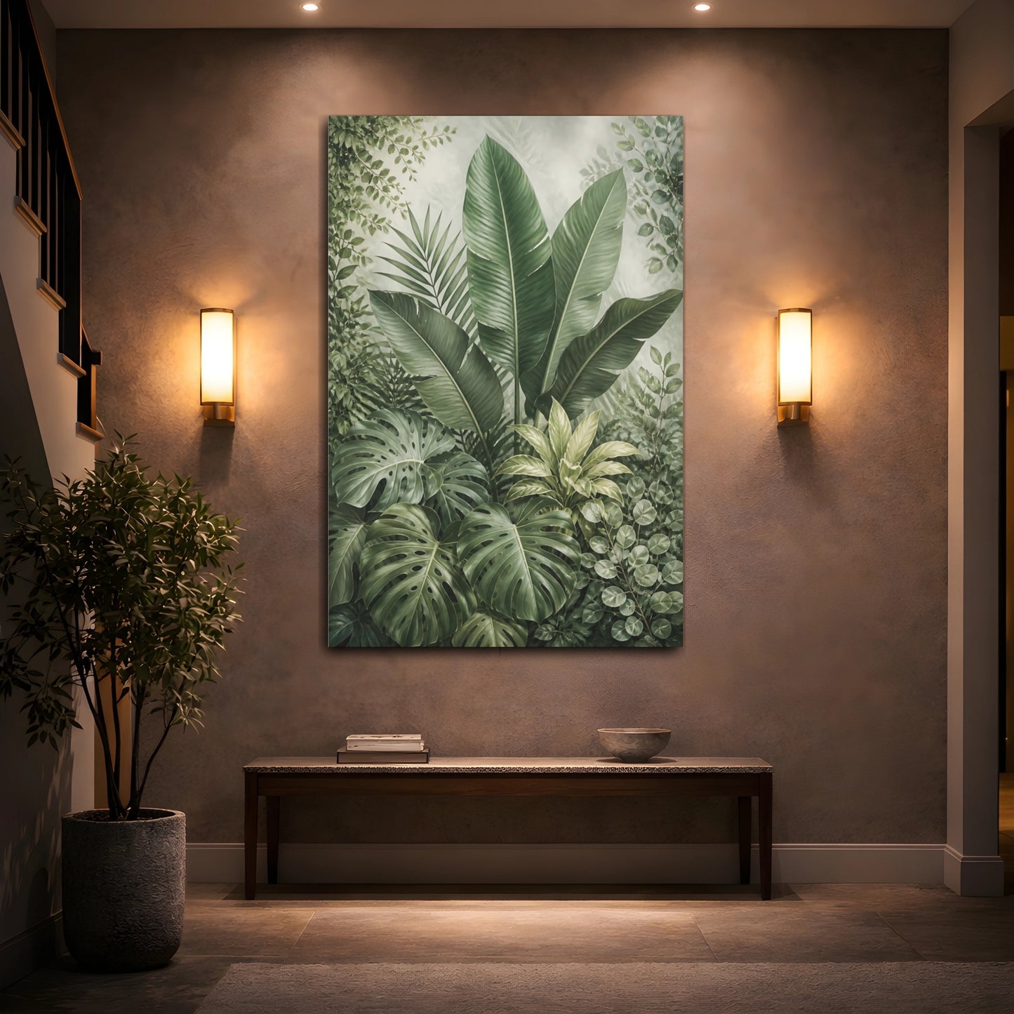 Mockup 2. Nature Tropical Leaves Green Botanical shown as stretched canvas wall art