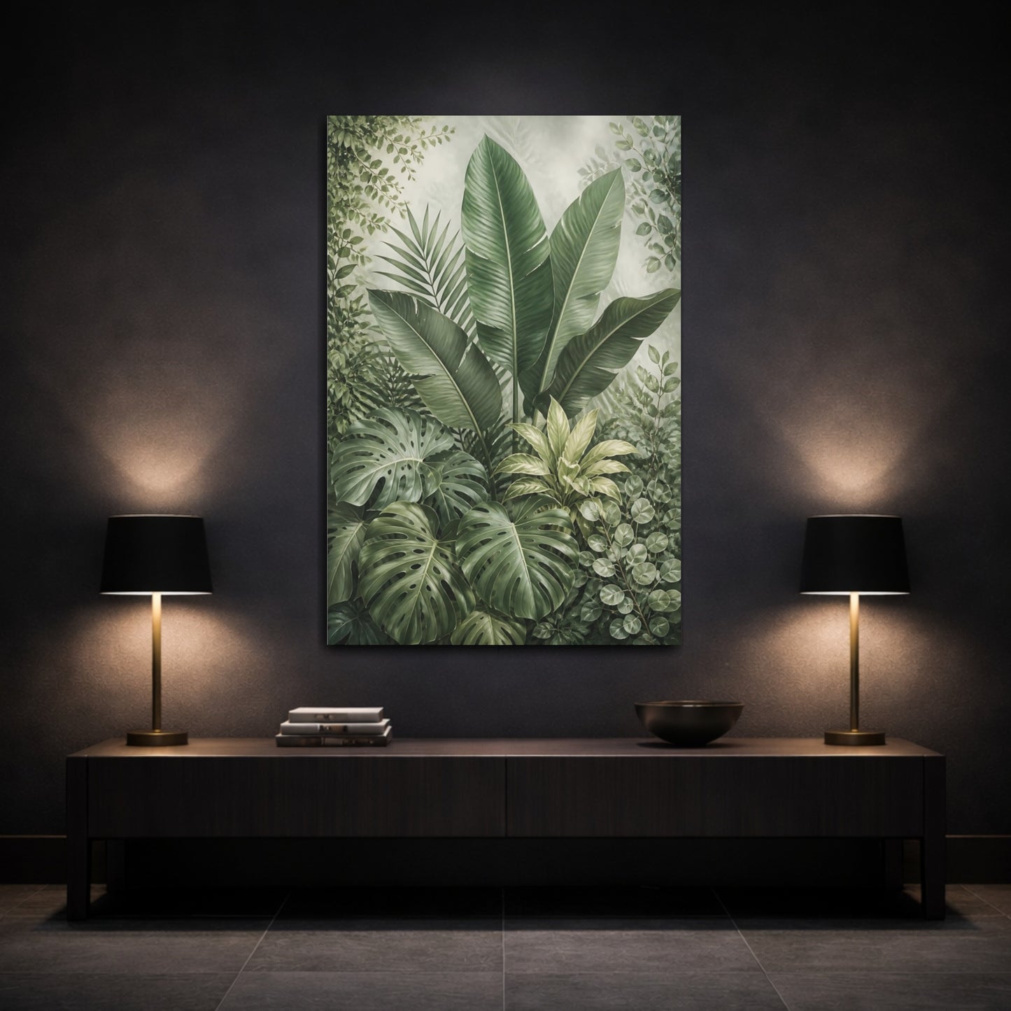 Mockup 3. Nature Tropical Leaves Green Botanical shown as stretched canvas wall art