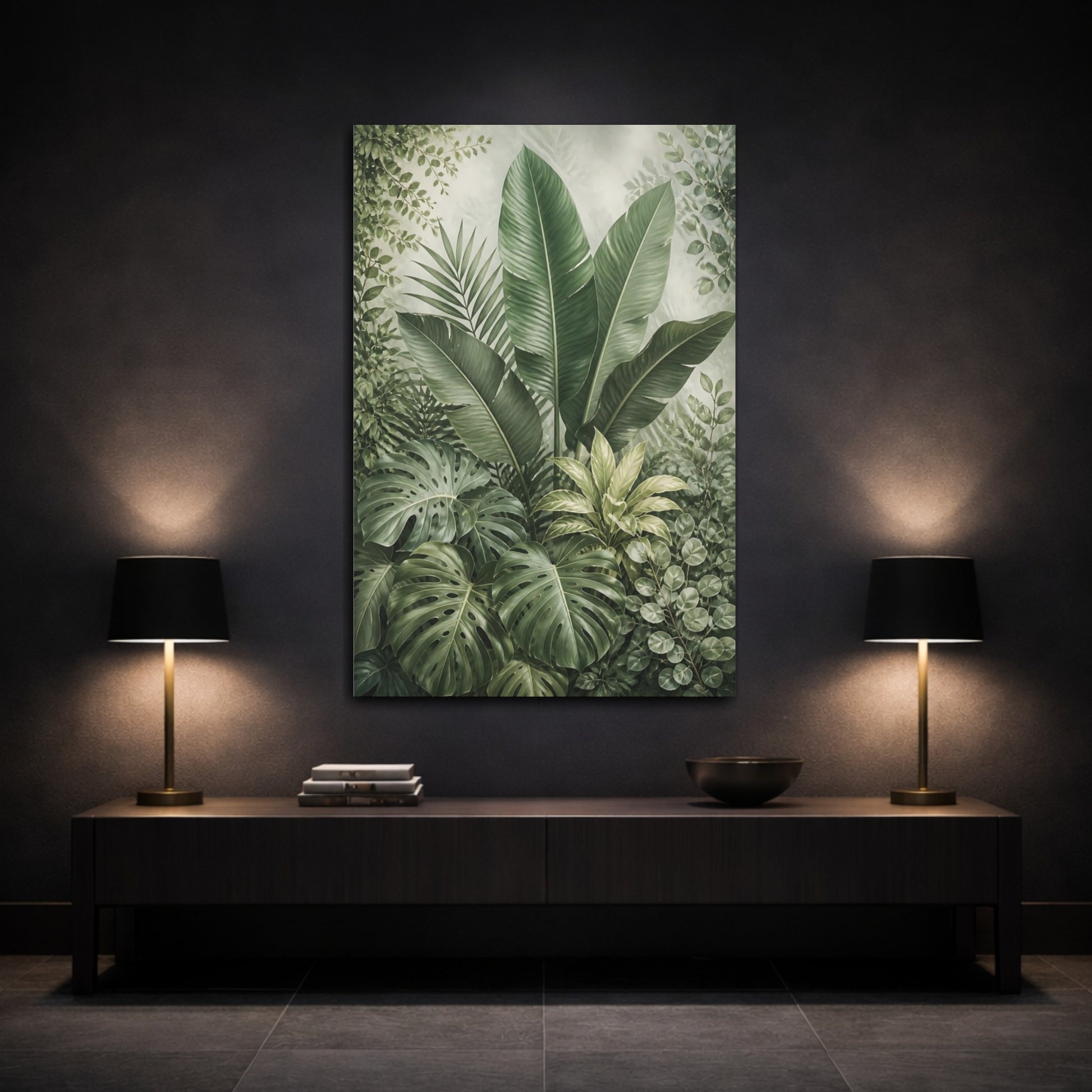 Mockup 3. Nature Tropical Leaves Green Botanical shown as stretched canvas wall art
