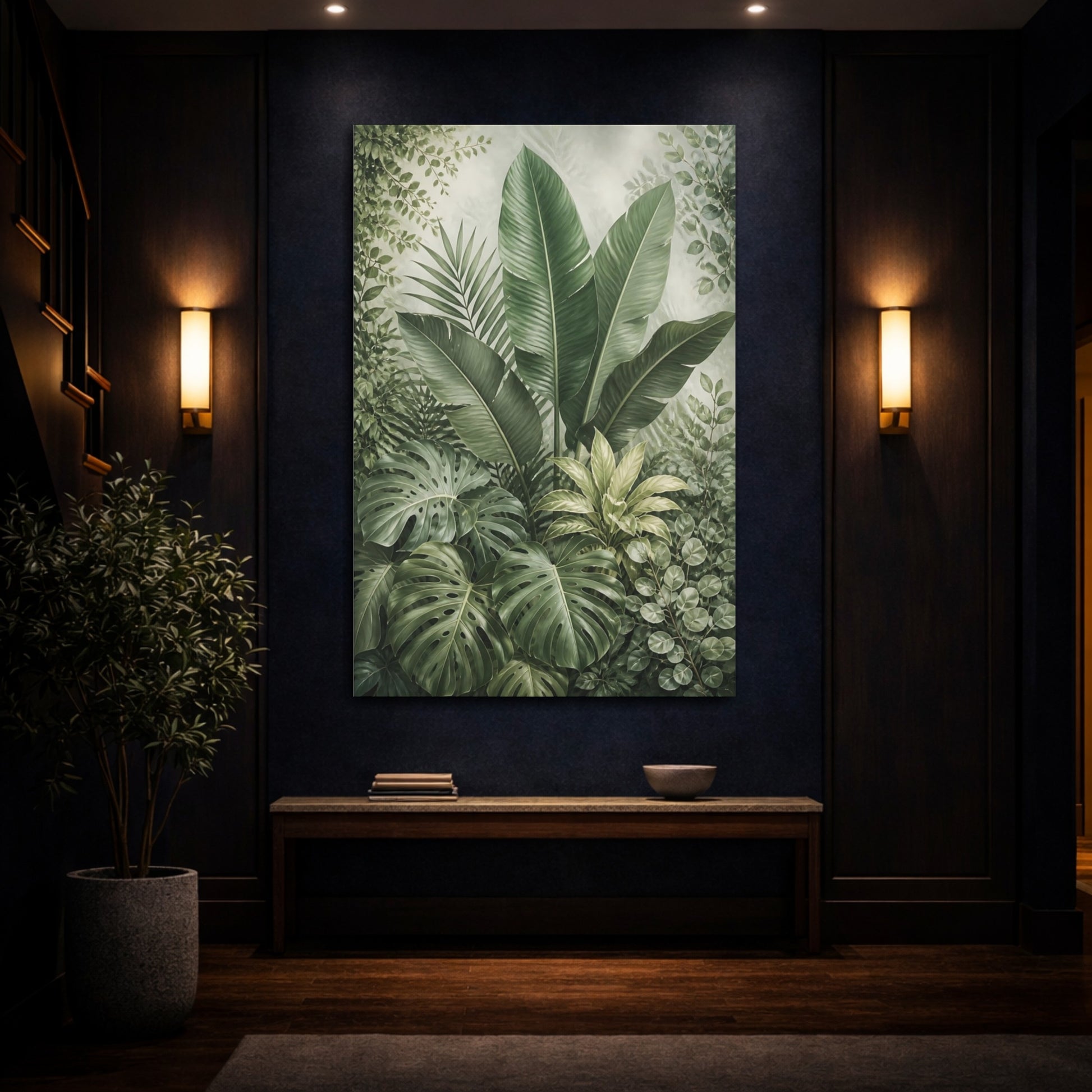 Mockup 4. Nature Tropical Leaves Green Botanical shown as stretched canvas wall art