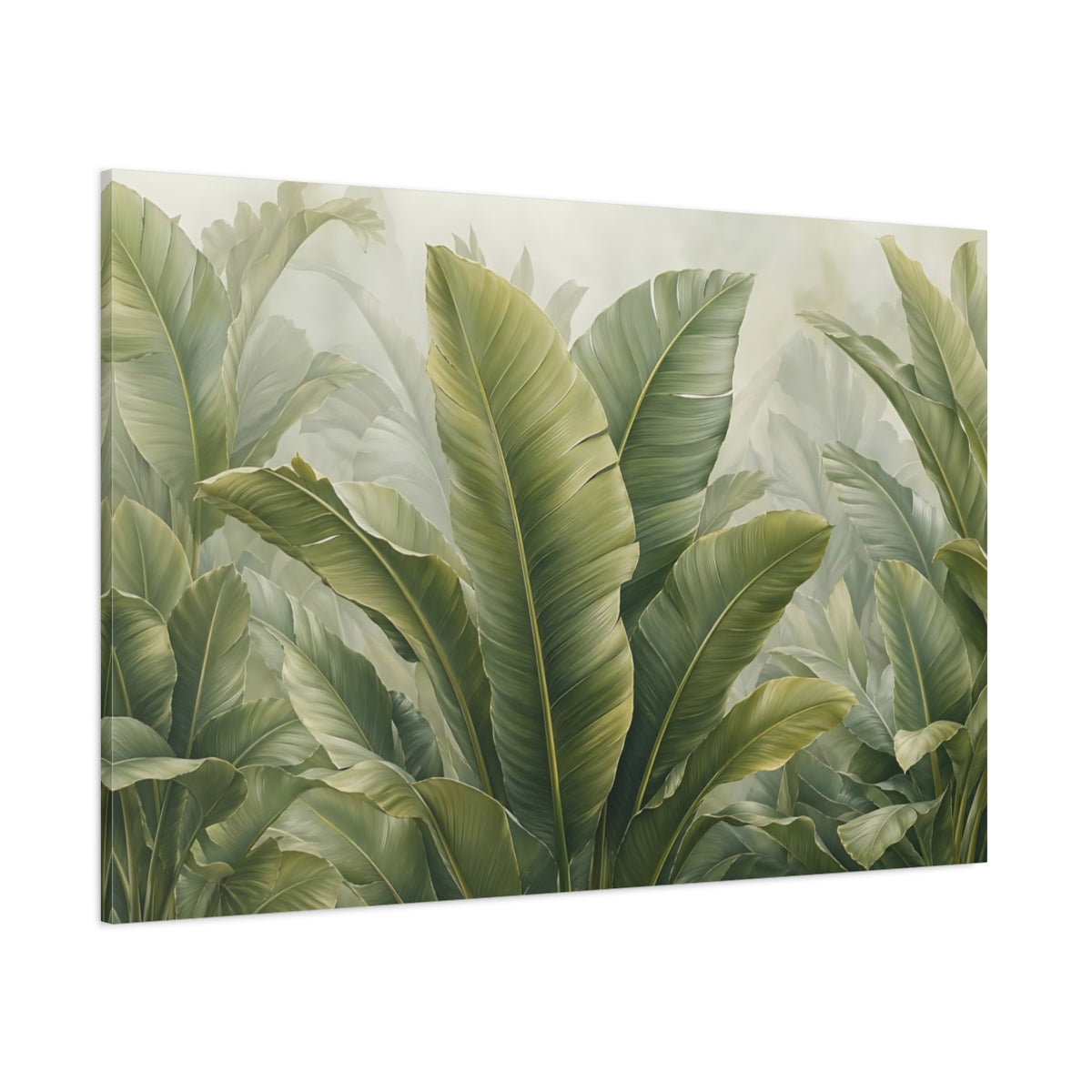 Side Mockup 1. Nature Tropical Leaves Green Leaves shown as stretched canvas wall art