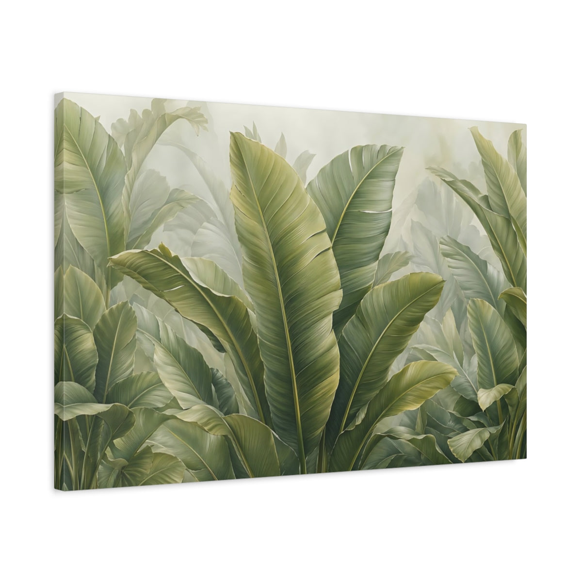 Side Mockup 2. Nature Tropical Leaves Green Leaves shown as stretched canvas wall art