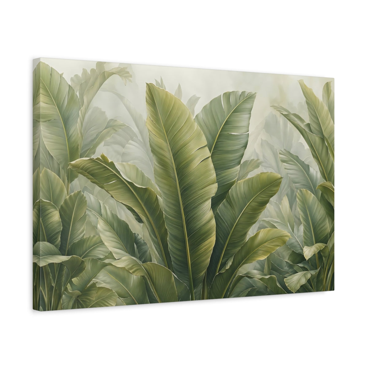 Side Mockup 3. Nature Tropical Leaves Green Leaves shown as stretched canvas wall art