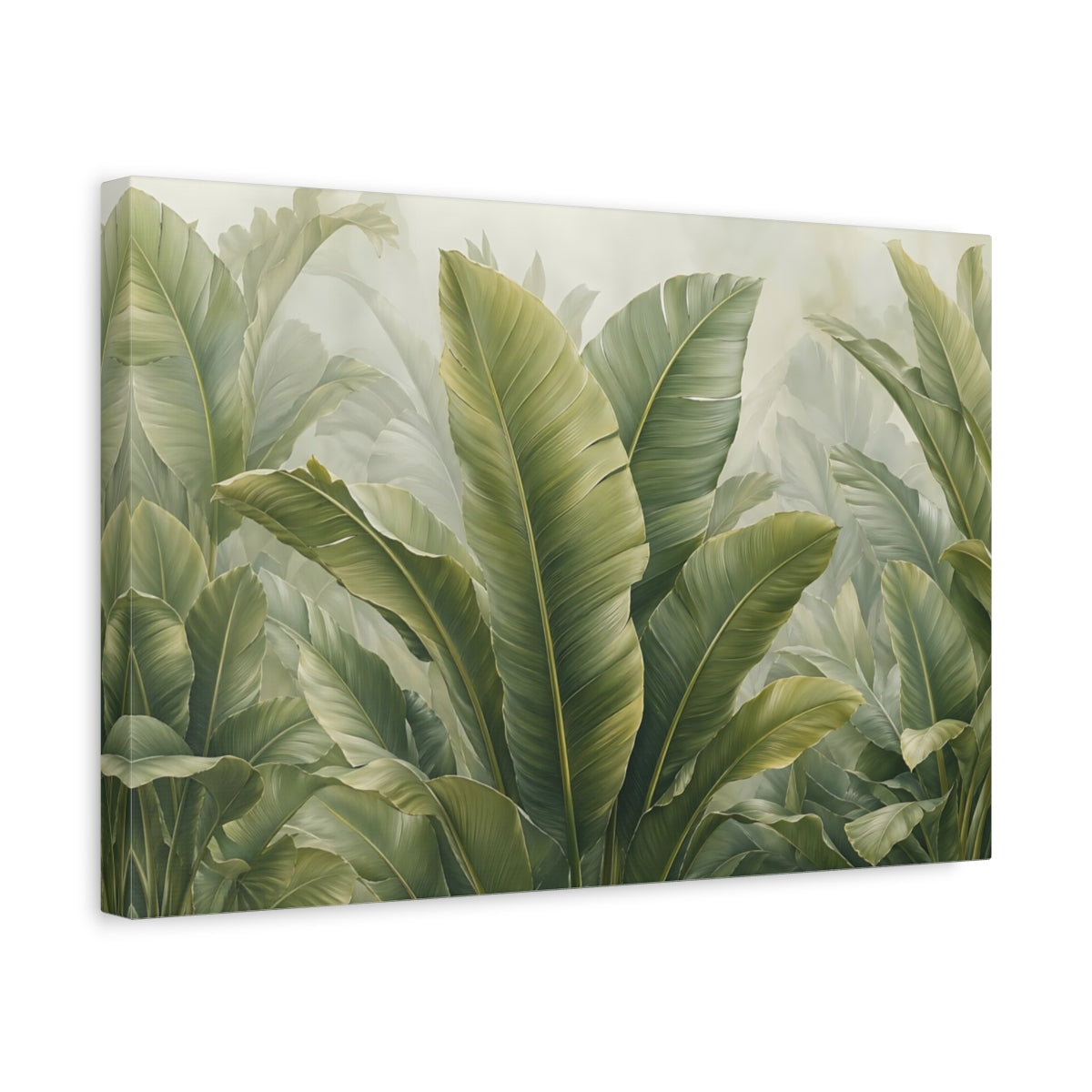 Side Mockup 4. Nature Tropical Leaves Green Leaves shown as stretched canvas wall art