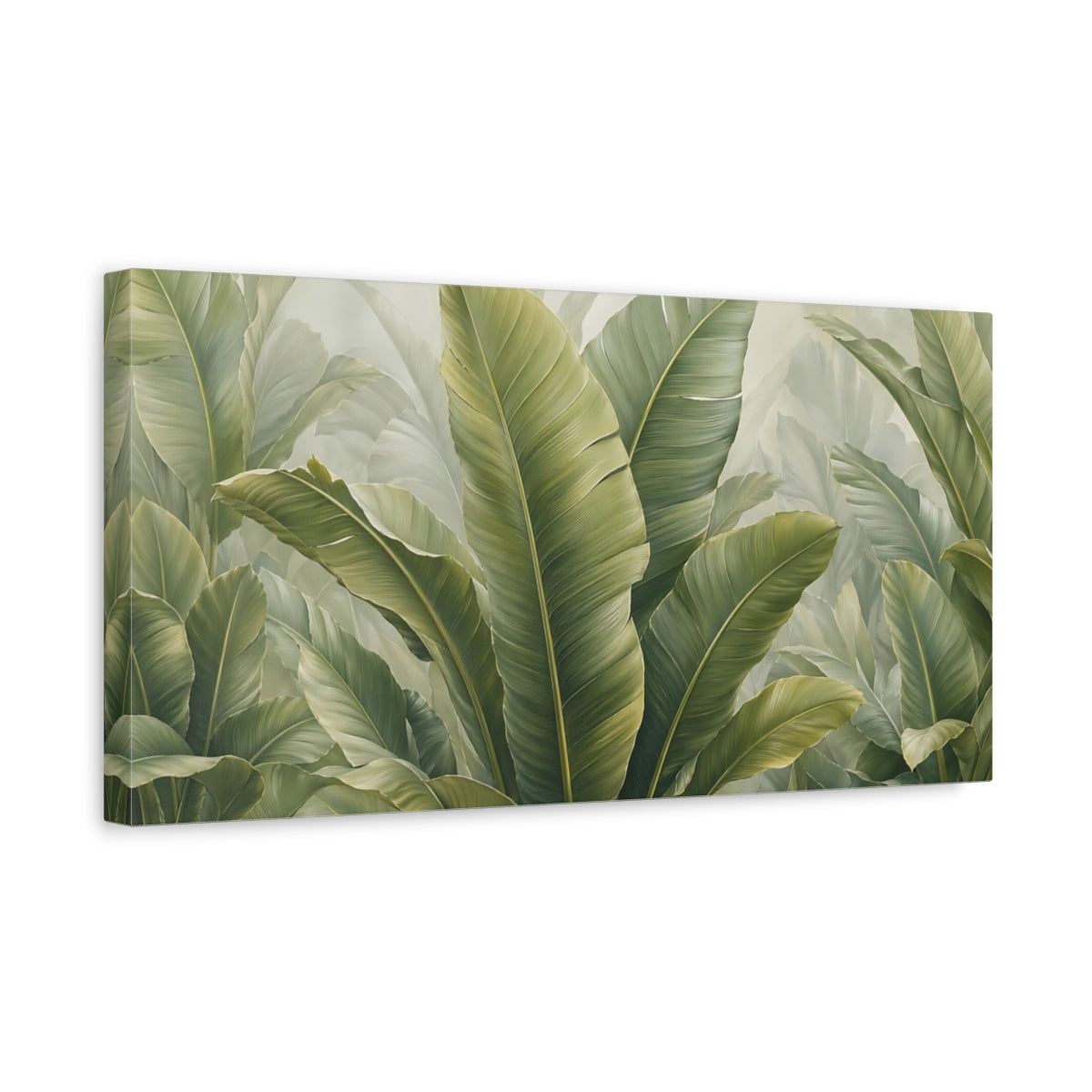 Side Mockup 3. Nature Tropical Leaves Green Tropical shown as stretched canvas wall art