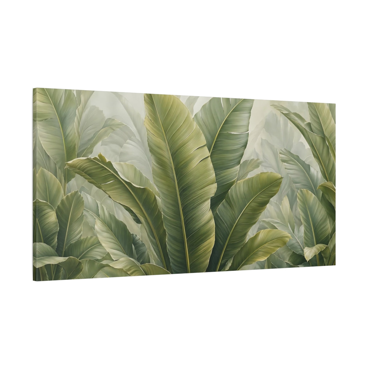 Side Mockup 2. Nature Tropical Leaves Green Tropical shown as stretched canvas wall art