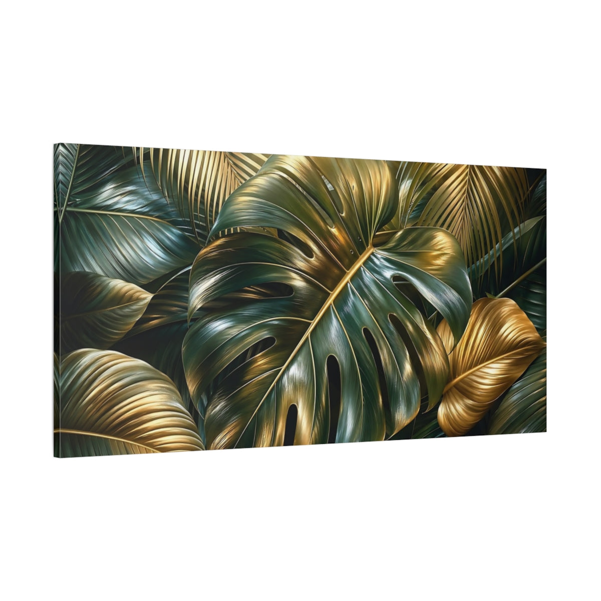 Side Mockup 2. Nature Tropical Leaves Green Gold Tropical shown as stretched canvas wall art