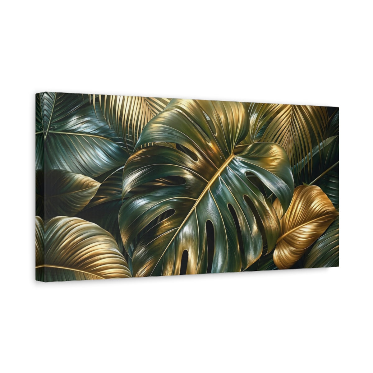 Side Mockup 3. Nature Tropical Leaves Green Gold Tropical shown as stretched canvas wall art