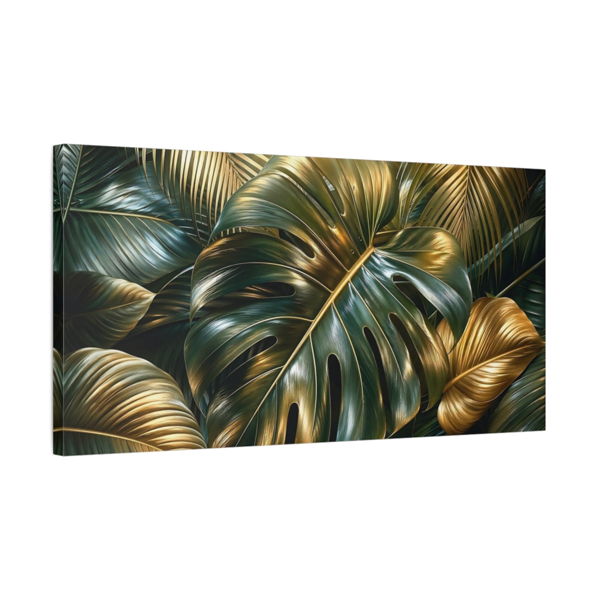 Side Mockup 1. Nature Tropical Leaves Green Gold Tropical shown as stretched canvas wall art