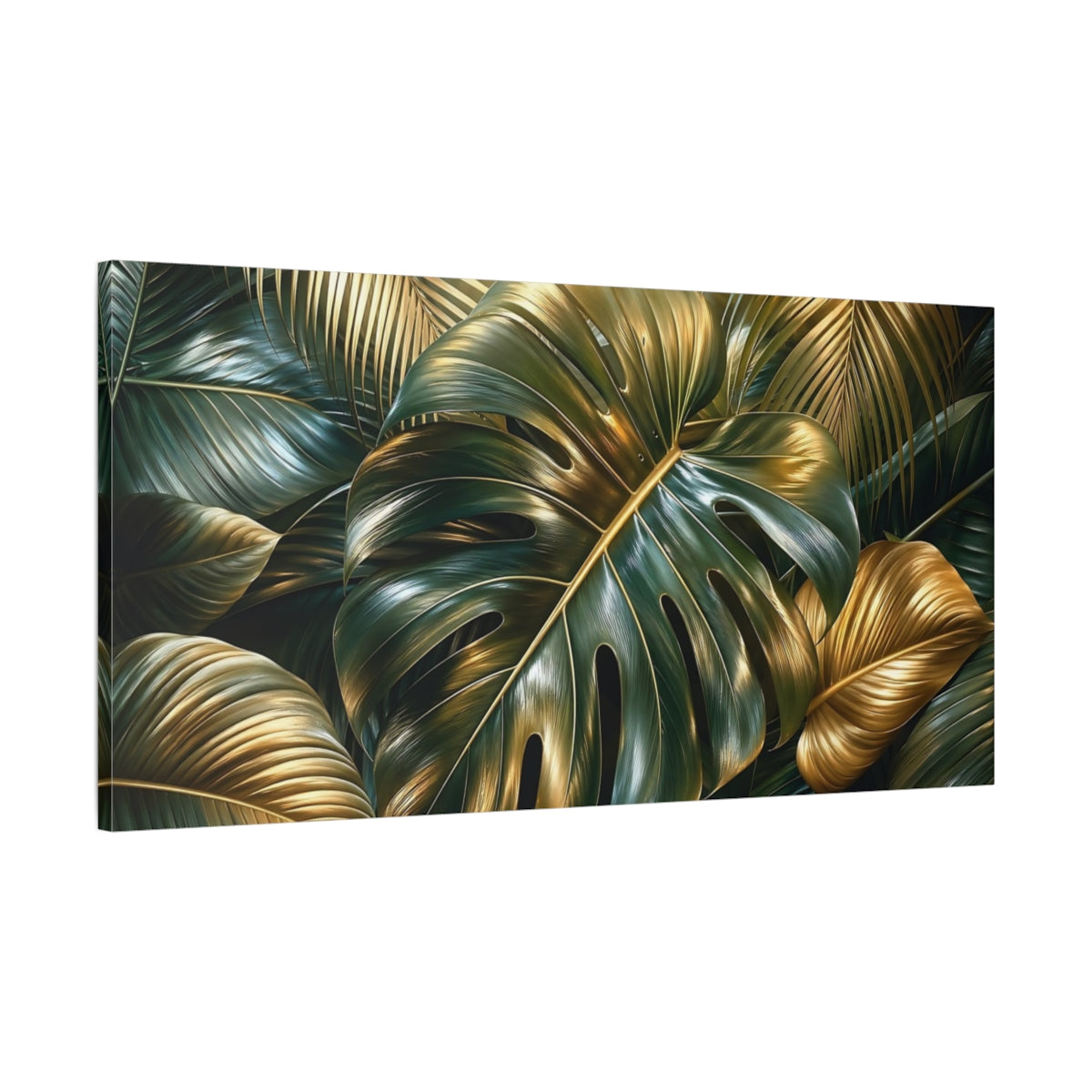 Main Mockup. Nature Tropical Leaves Green Gold Tropical shown as stretched canvas wall art