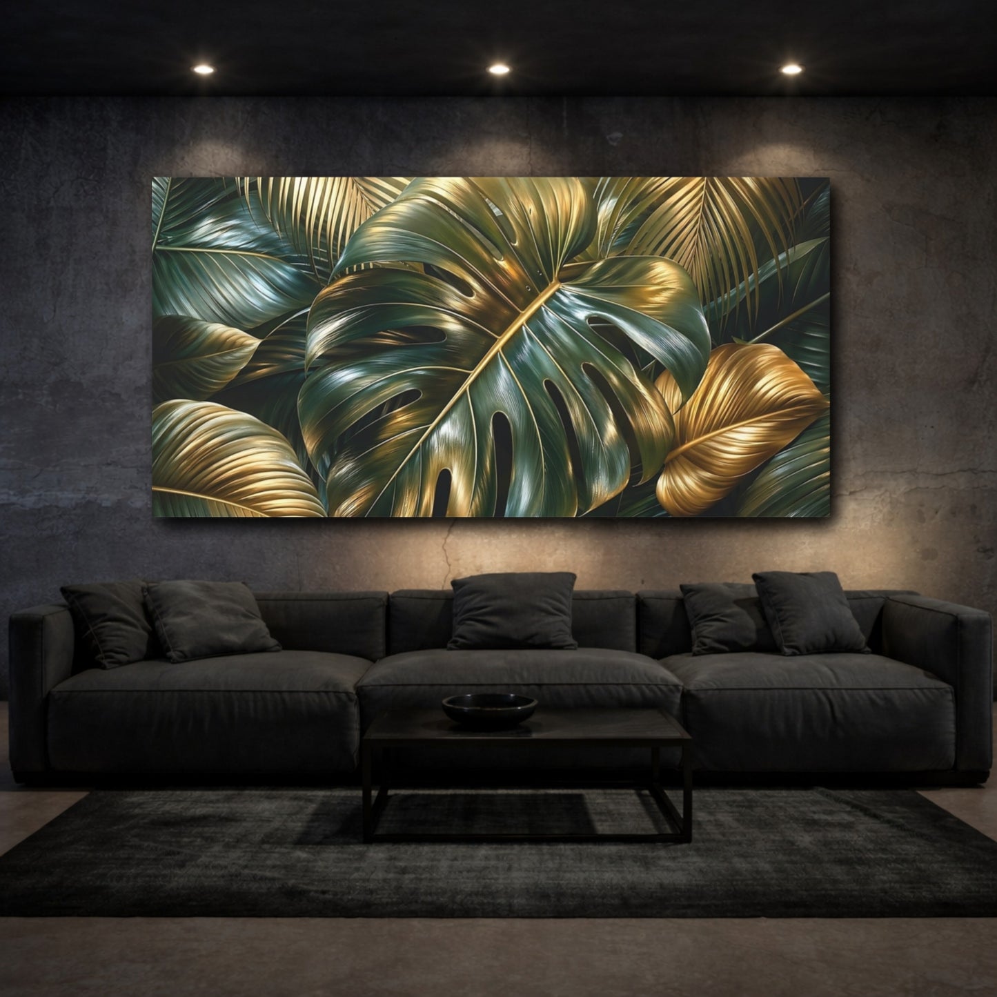 Mockup 2. Nature Tropical Leaves Green Gold Tropical shown as stretched canvas wall art