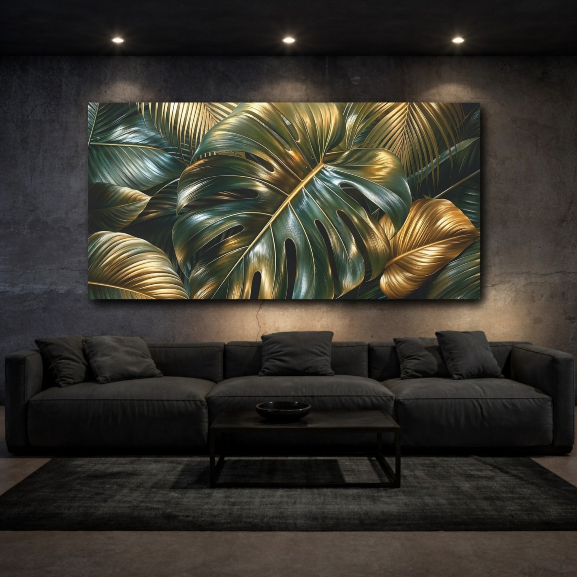 Mockup 2. Nature Tropical Leaves Green Gold Tropical shown as stretched canvas wall art