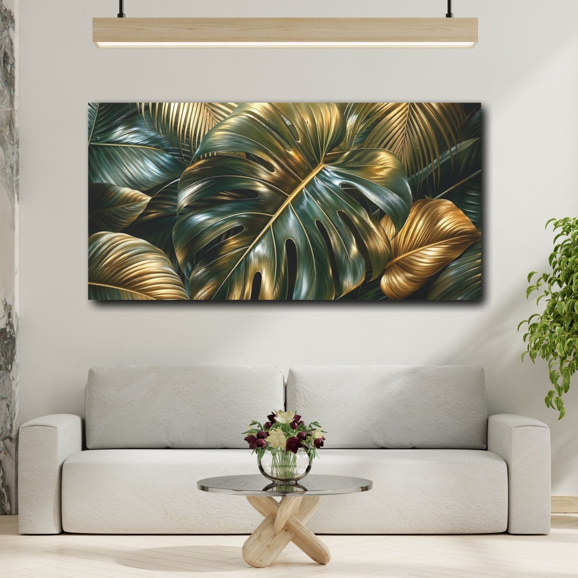 Mockup 3. Nature Tropical Leaves Green Gold Tropical shown as stretched canvas wall art