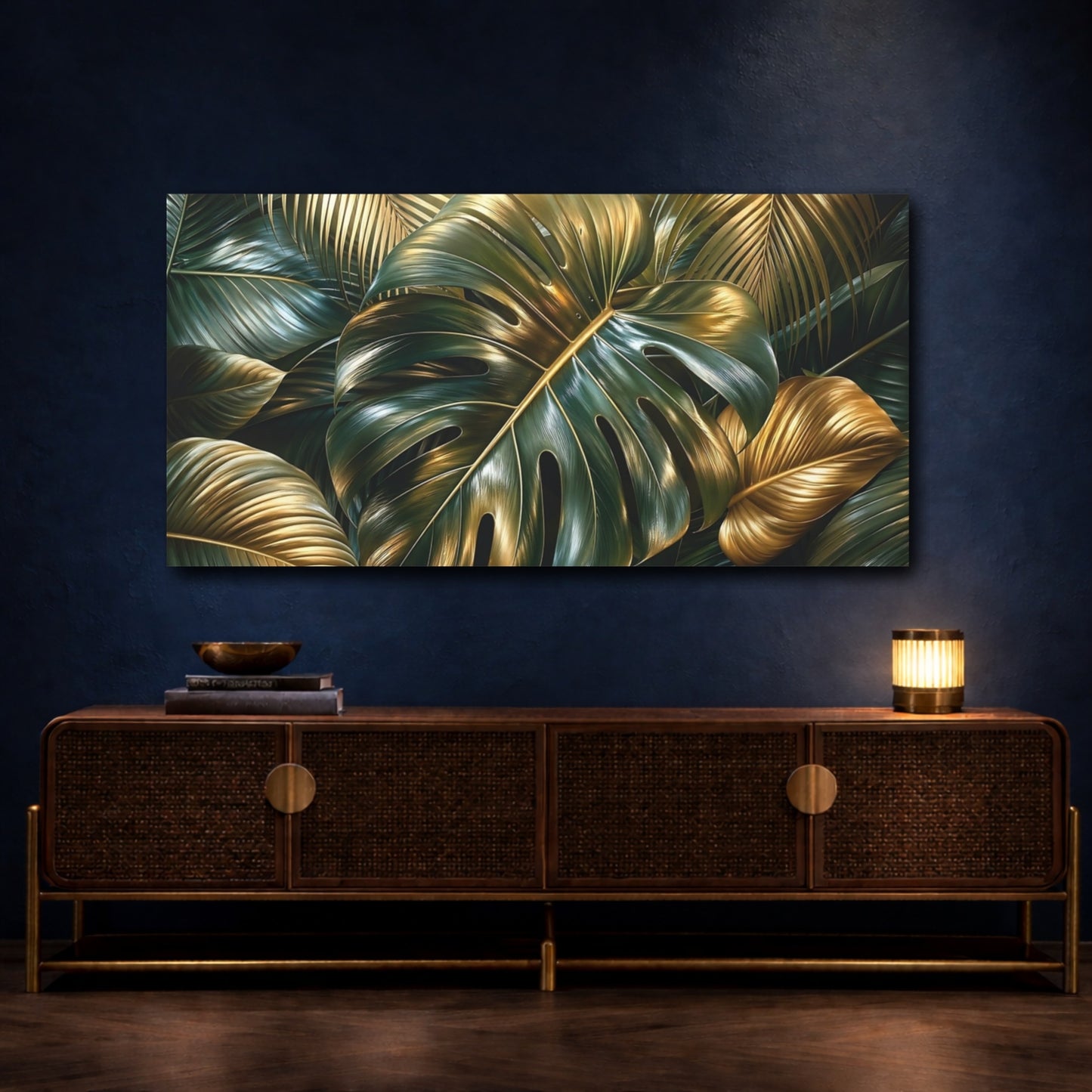 Mockup 4. Nature Tropical Leaves Green Gold Tropical shown as stretched canvas wall art