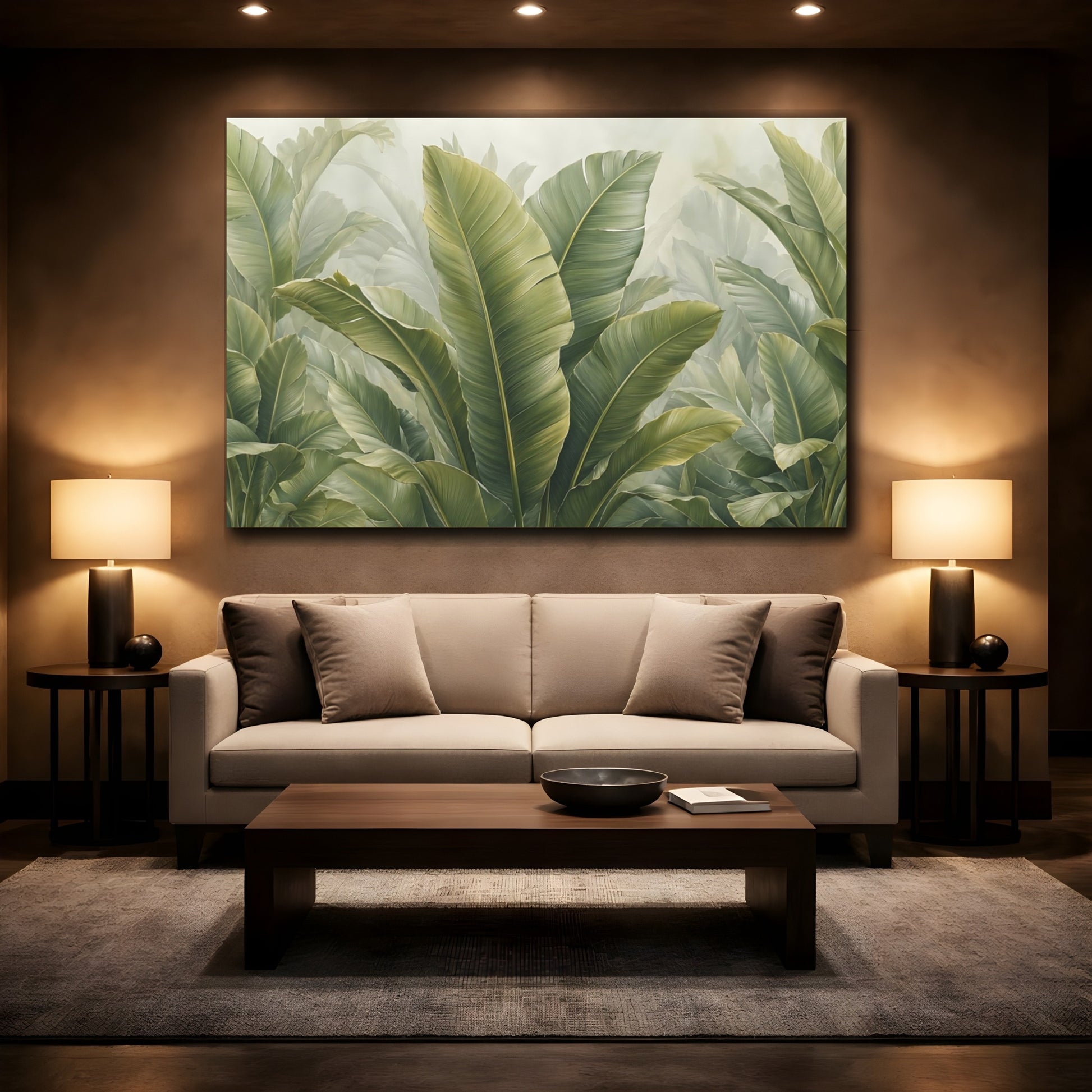 Mockup 2. Nature Tropical Leaves Green Leaves shown as stretched canvas wall art