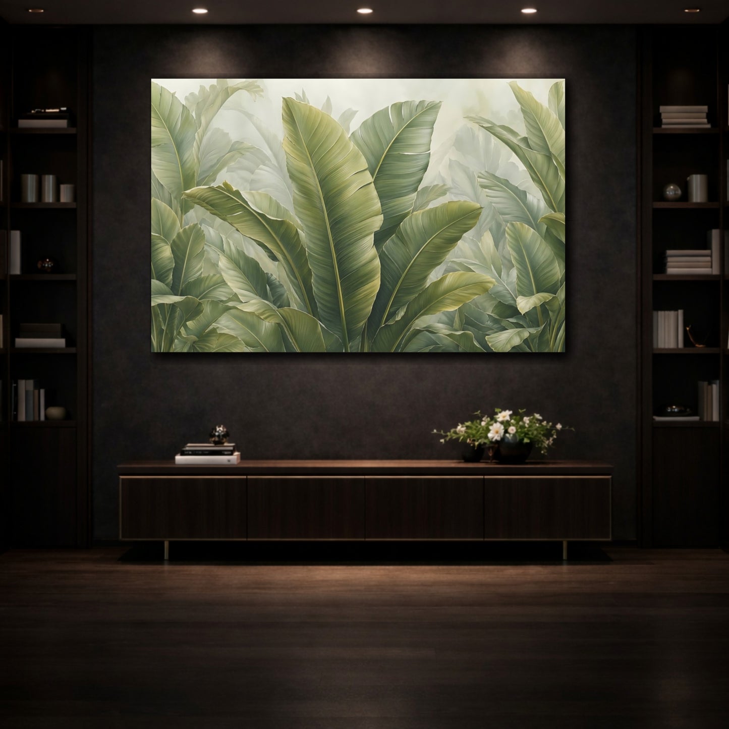Mockup 3. Nature Tropical Leaves Green Leaves shown as stretched canvas wall art