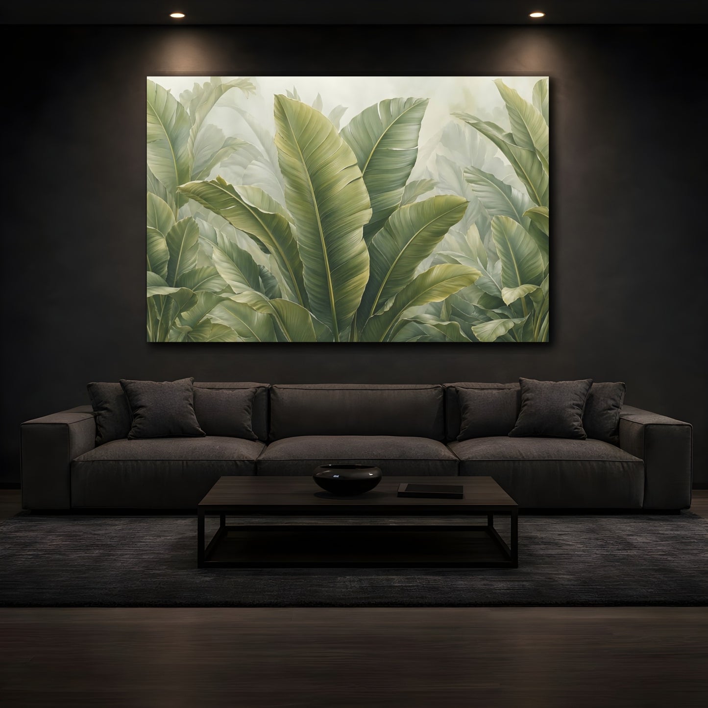 Mockup 4. Nature Tropical Leaves Green Leaves shown as stretched canvas wall art