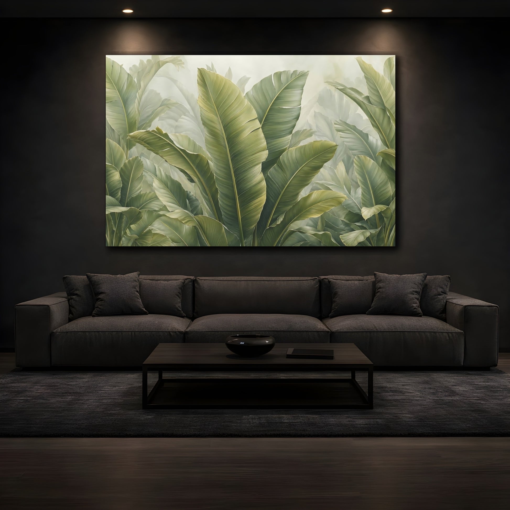 Mockup 4. Nature Tropical Leaves Green Leaves shown as stretched canvas wall art