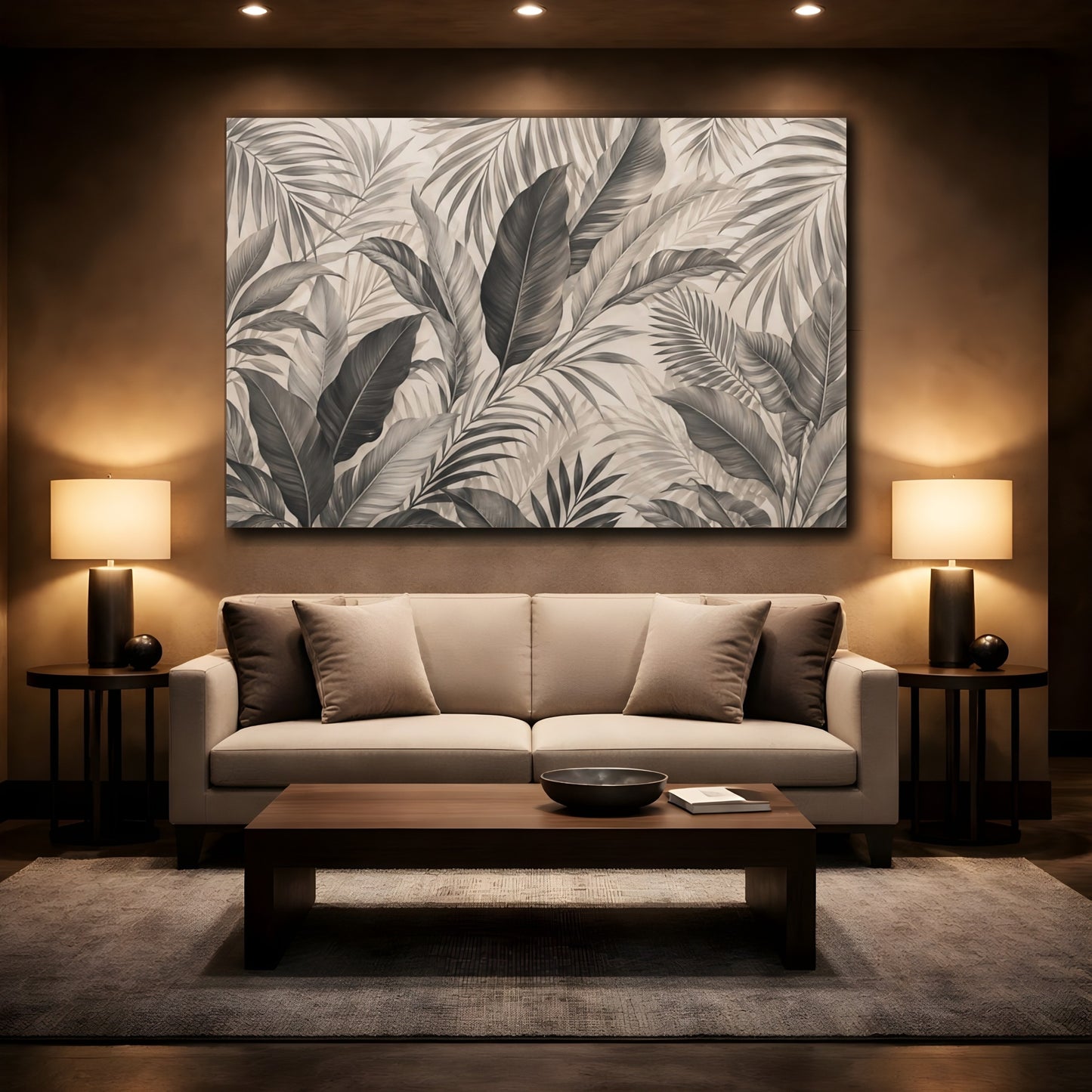 Mockup 2. Nature Tropical Leaves Sepia Tropical shown as stretched canvas wall art
