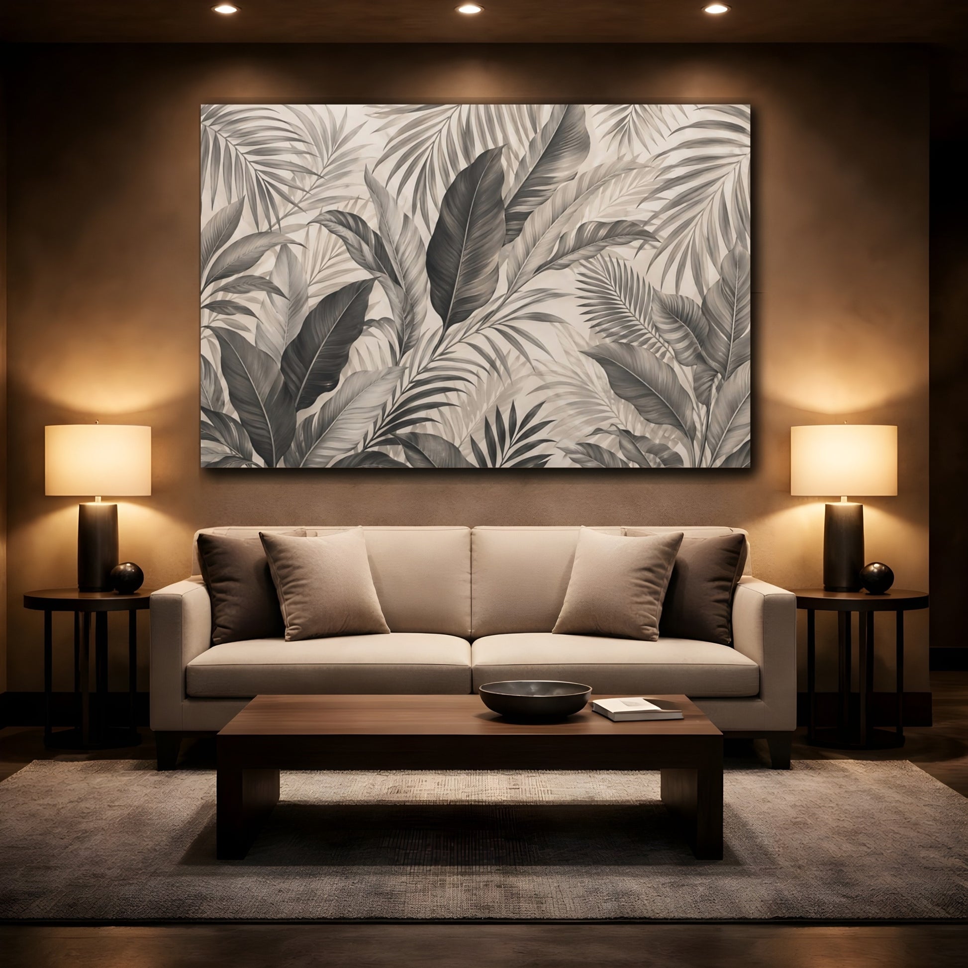 Mockup 2. Nature Tropical Leaves Sepia Tropical shown as stretched canvas wall art