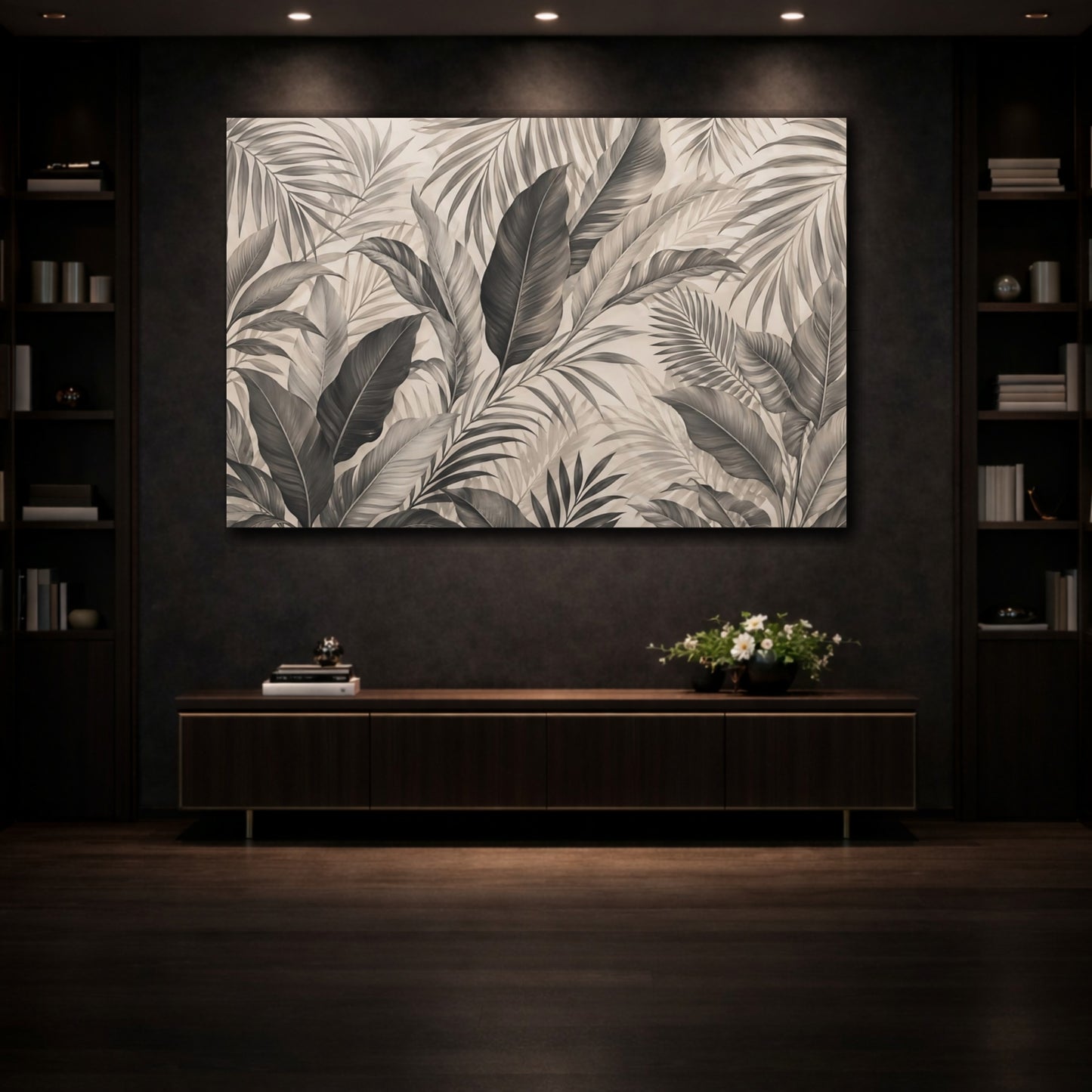 Mockup 3. Nature Tropical Leaves Sepia Tropical shown as stretched canvas wall art