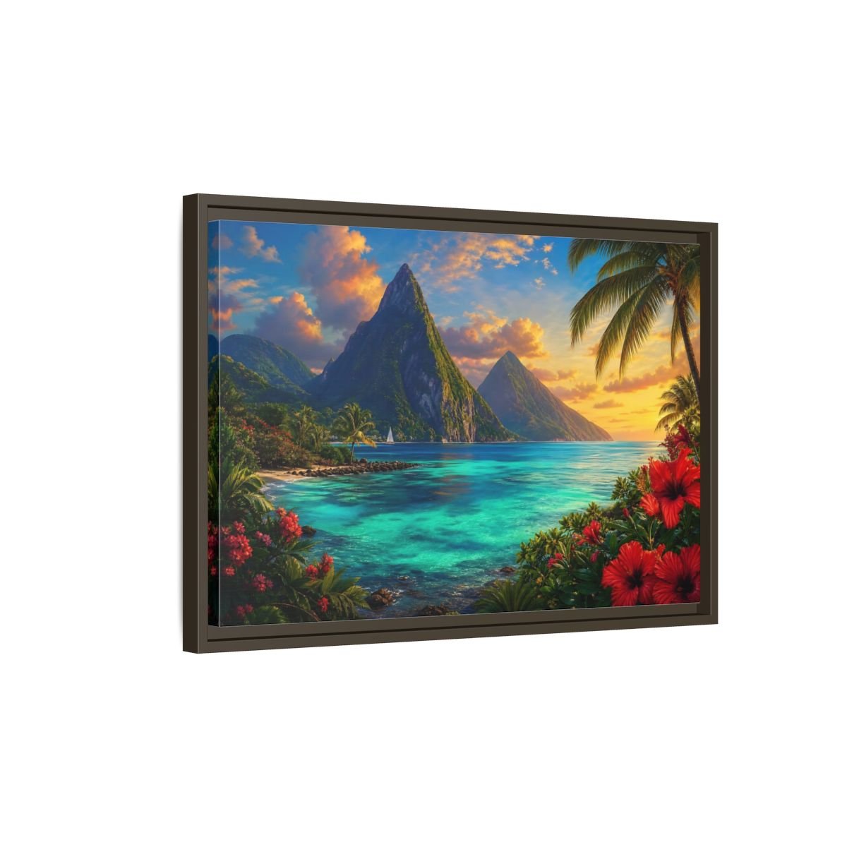 Nature Tropical Mountains Turquoise Blue Framed Canvas Wall Art Print – Living Room Decor, Above Sofa - YesArtYes
