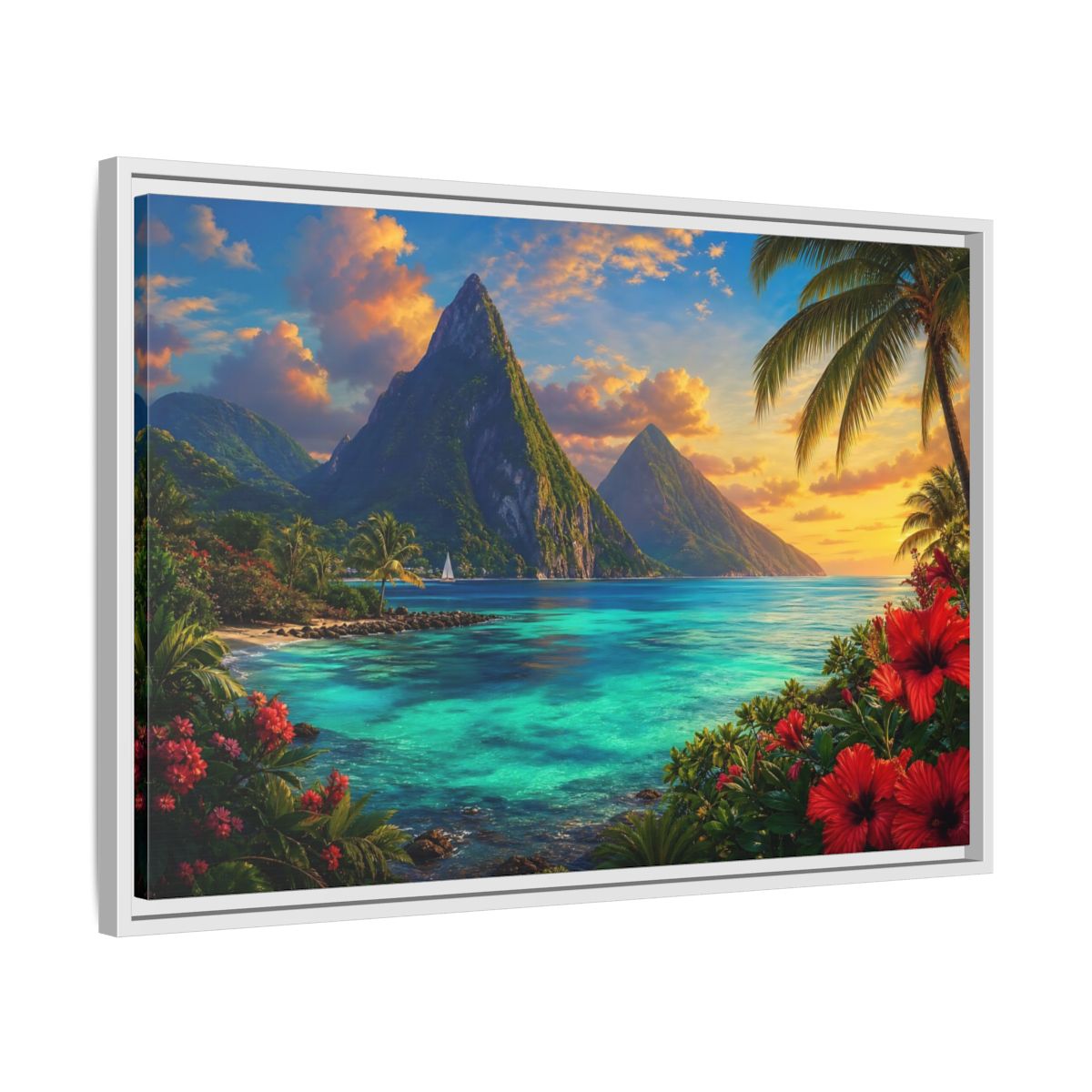 Nature Tropical Mountains Turquoise Blue Framed Canvas Wall Art Print – Living Room Decor, Above Sofa - YesArtYes