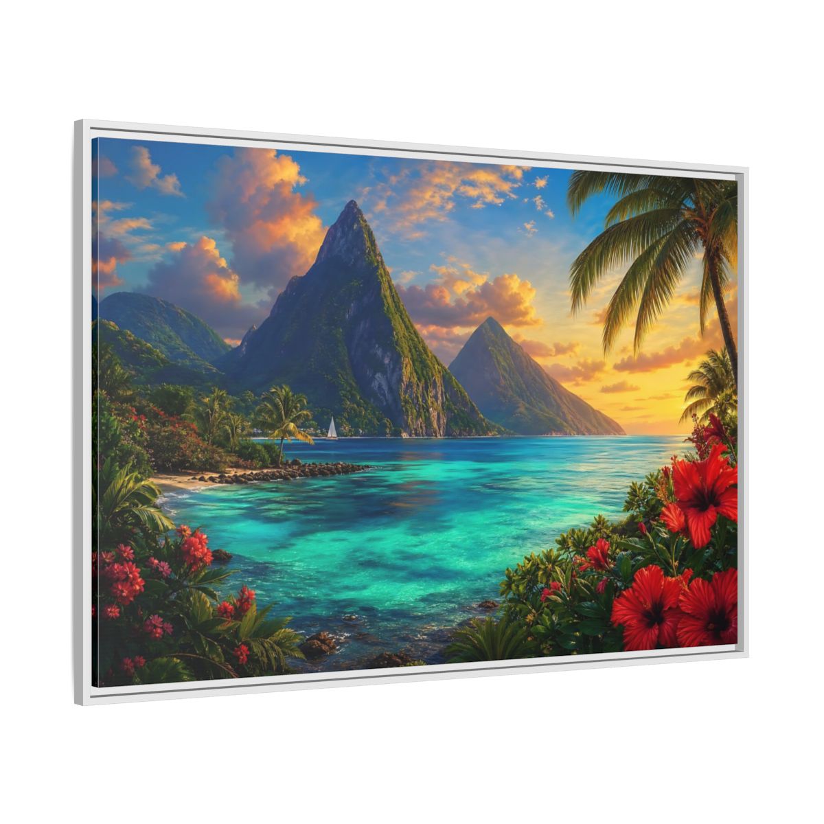 Nature Tropical Mountains Turquoise Blue Framed Canvas Wall Art Print – Living Room Decor, Above Sofa - YesArtYes