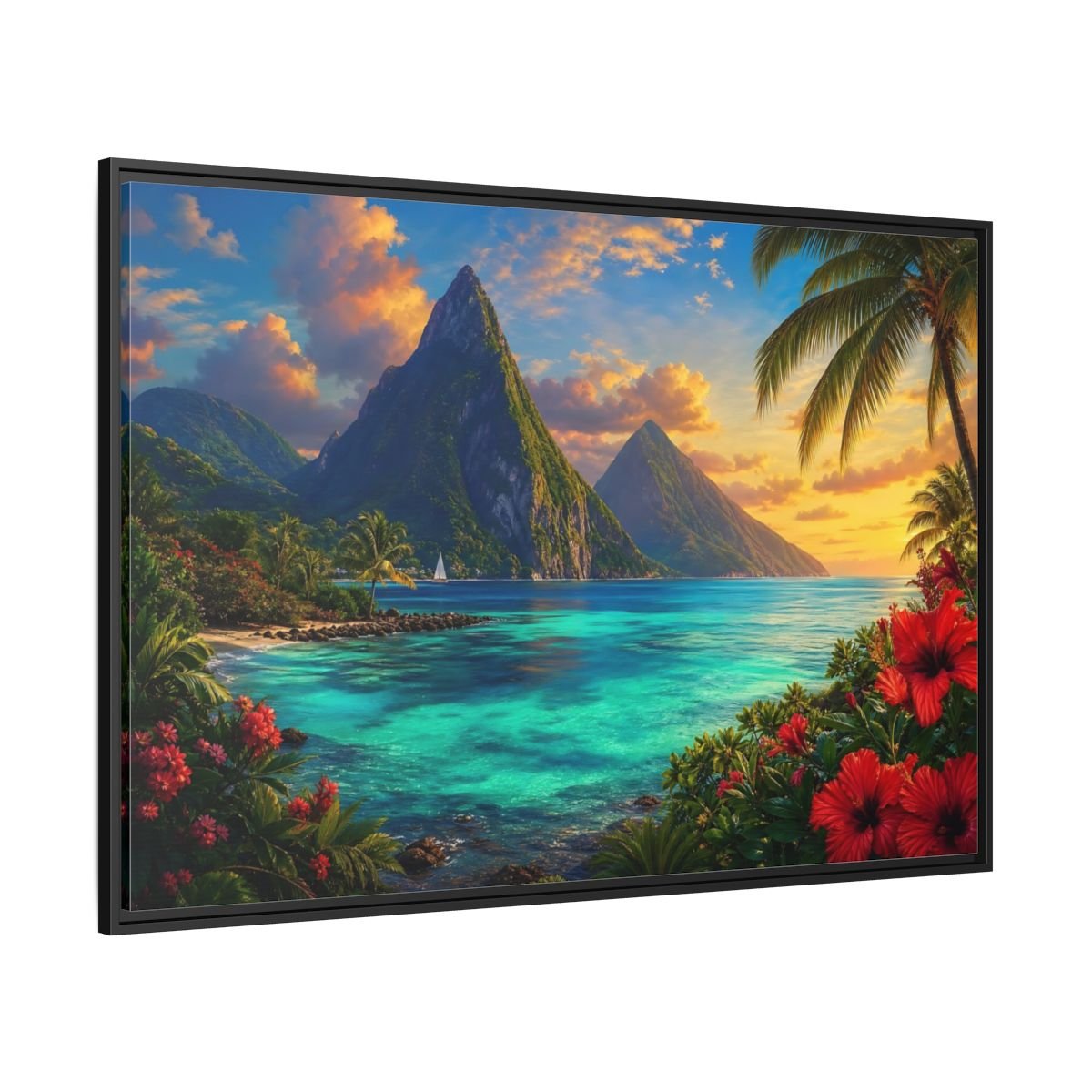 Nature Tropical Mountains Turquoise Blue Framed Canvas Wall Art Print – Living Room Decor, Above Sofa - YesArtYes