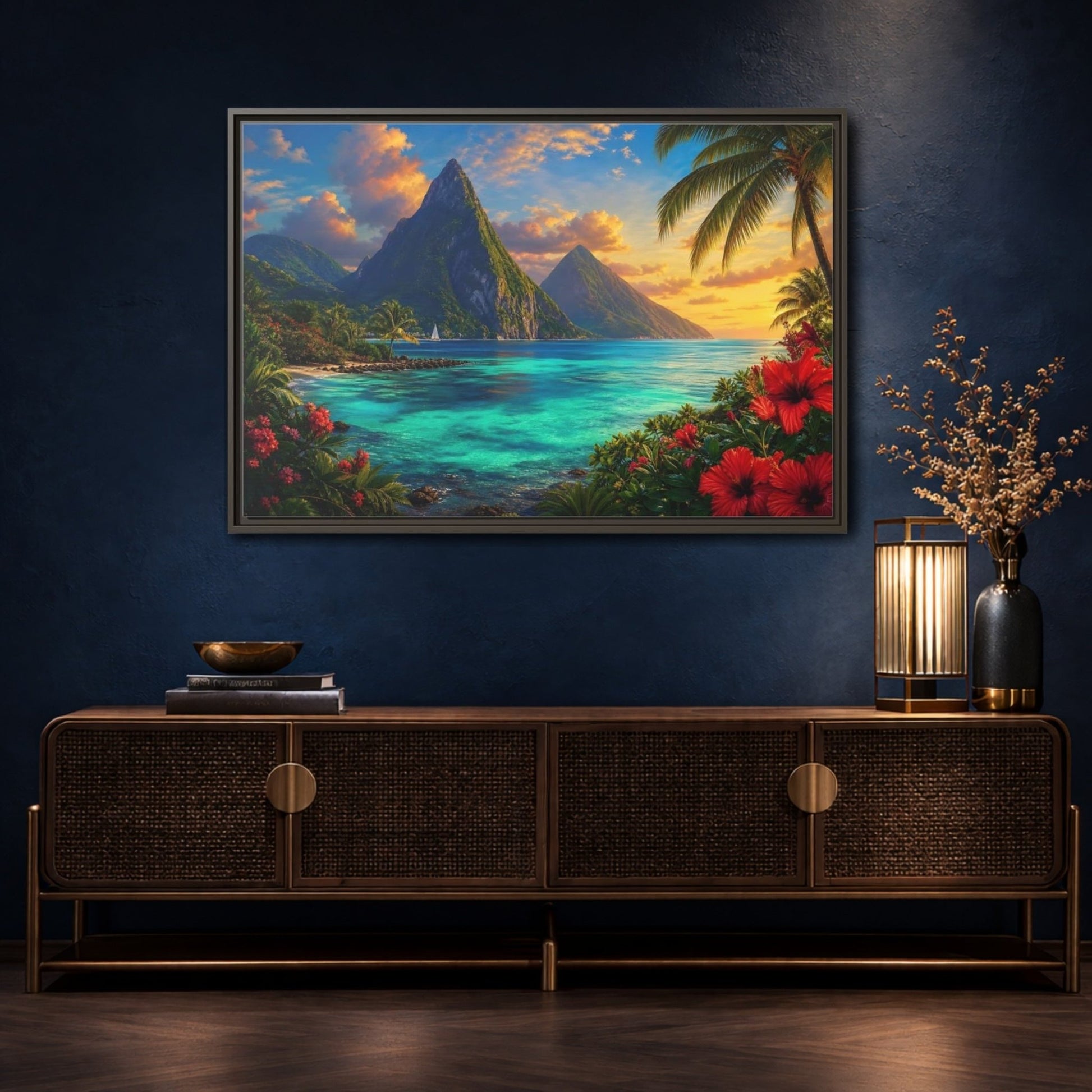Nature Tropical Mountains Turquoise Blue Framed Canvas Wall Art Print – Living Room Decor, Above Sofa - YesArtYes