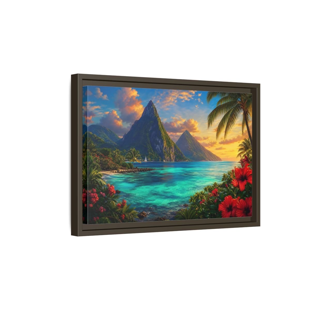 Nature Tropical Mountains Turquoise Blue Framed Canvas Wall Art Print – Living Room Decor, Above Sofa - YesArtYes