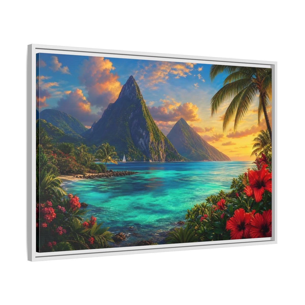 Nature Tropical Mountains Turquoise Blue Framed Canvas Wall Art Print – Living Room Decor, Above Sofa - YesArtYes