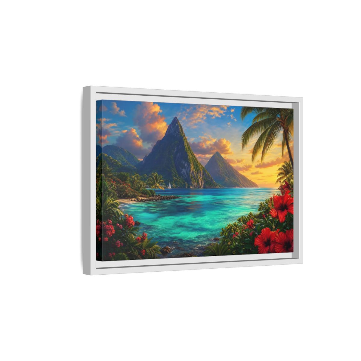 Side Mockup 4. Nature Tropical Mountains Turquoise Blue shown as stretched canvas wall art