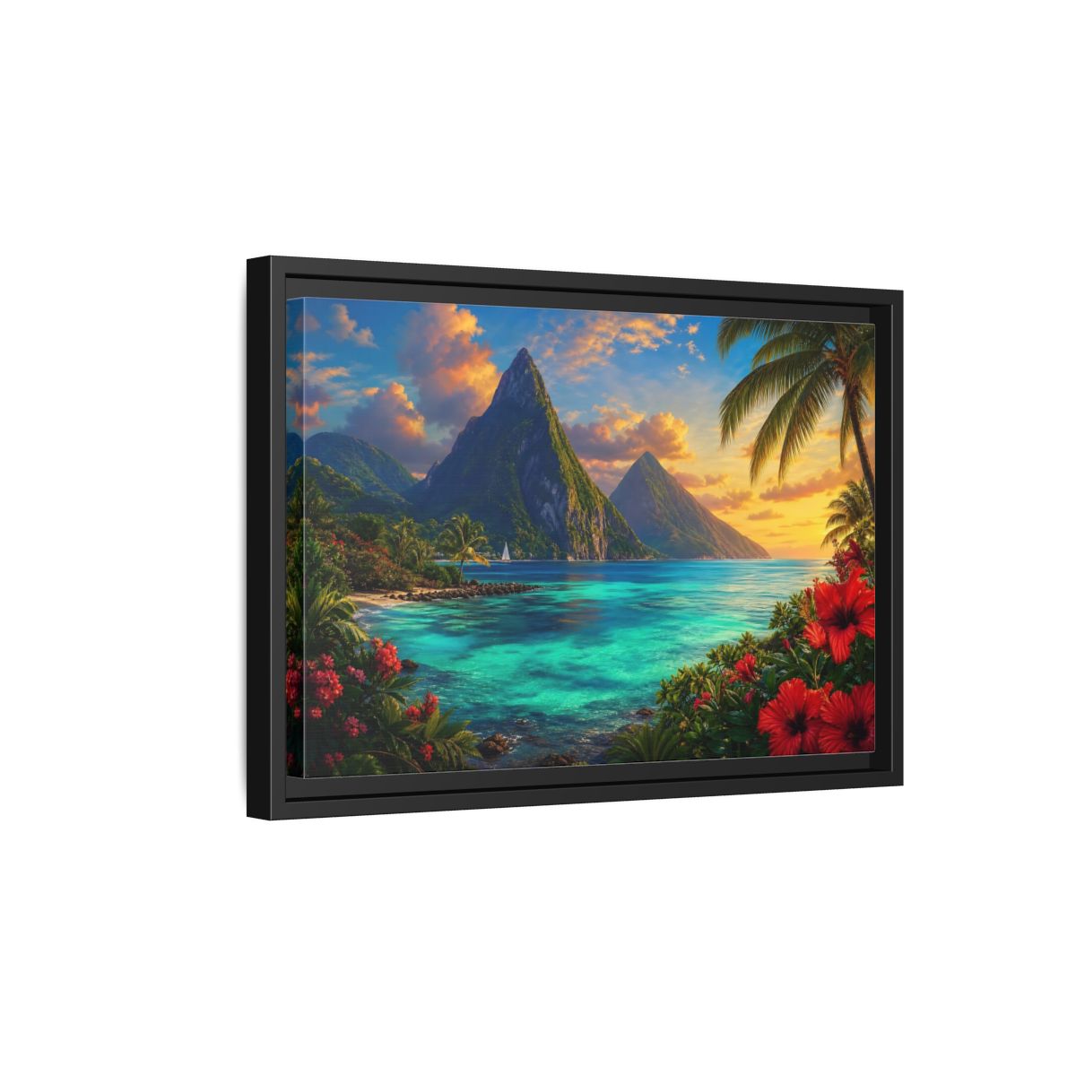 Side Mockup 6. Nature Tropical Mountains Turquoise Blue shown as stretched canvas wall art