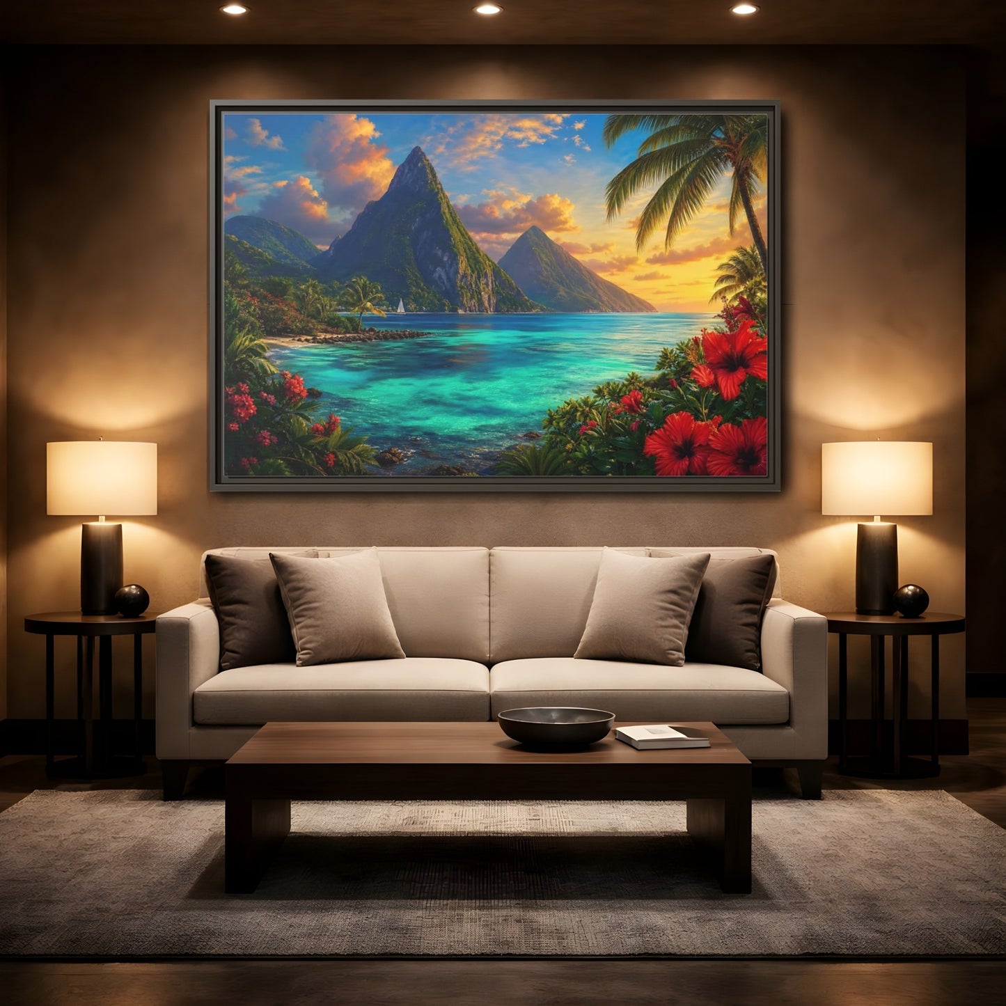 Mockup 2. Nature Tropical Mountains Turquoise Blue shown as stretched canvas wall art