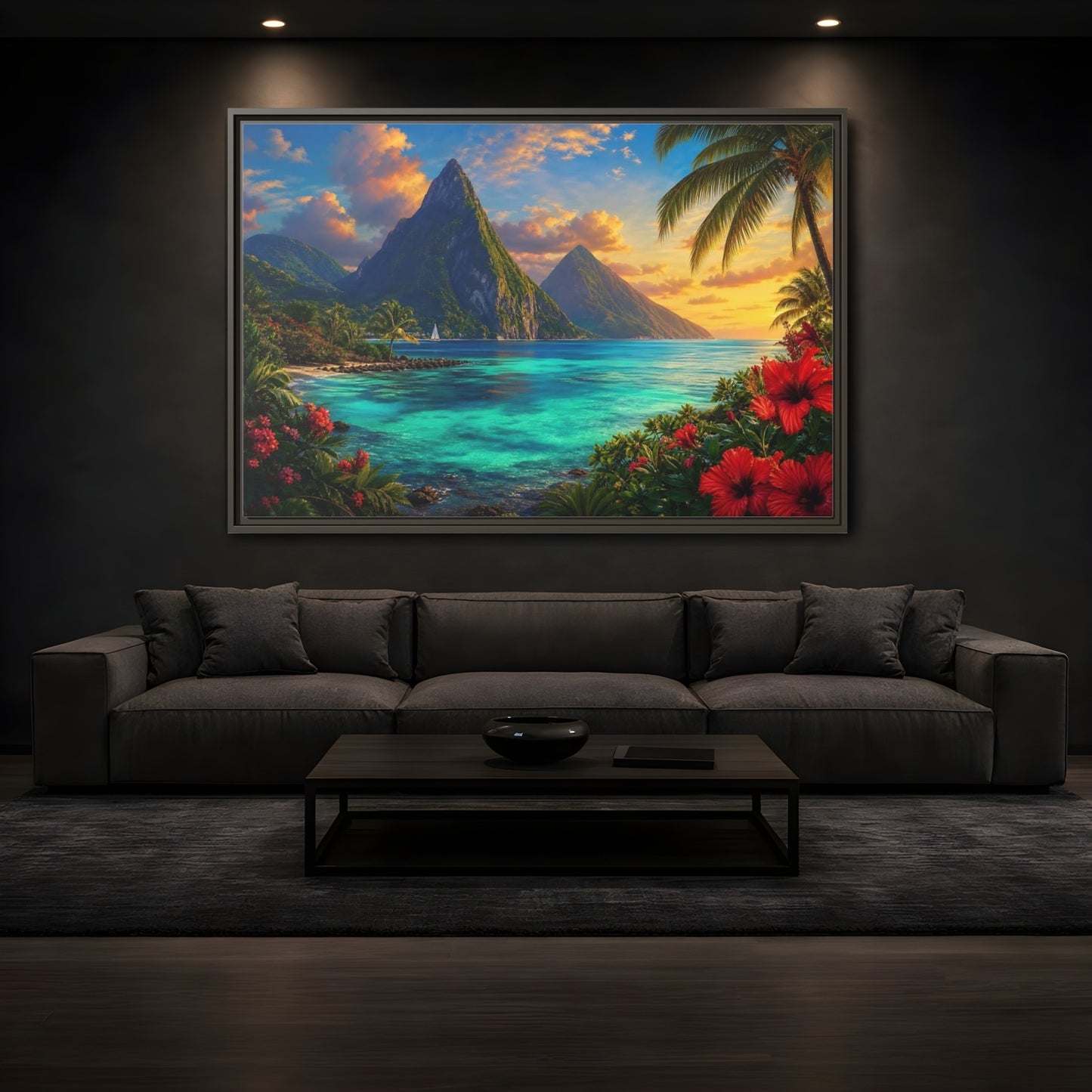 Mockup 3. Nature Tropical Mountains Turquoise Blue shown as stretched canvas wall art