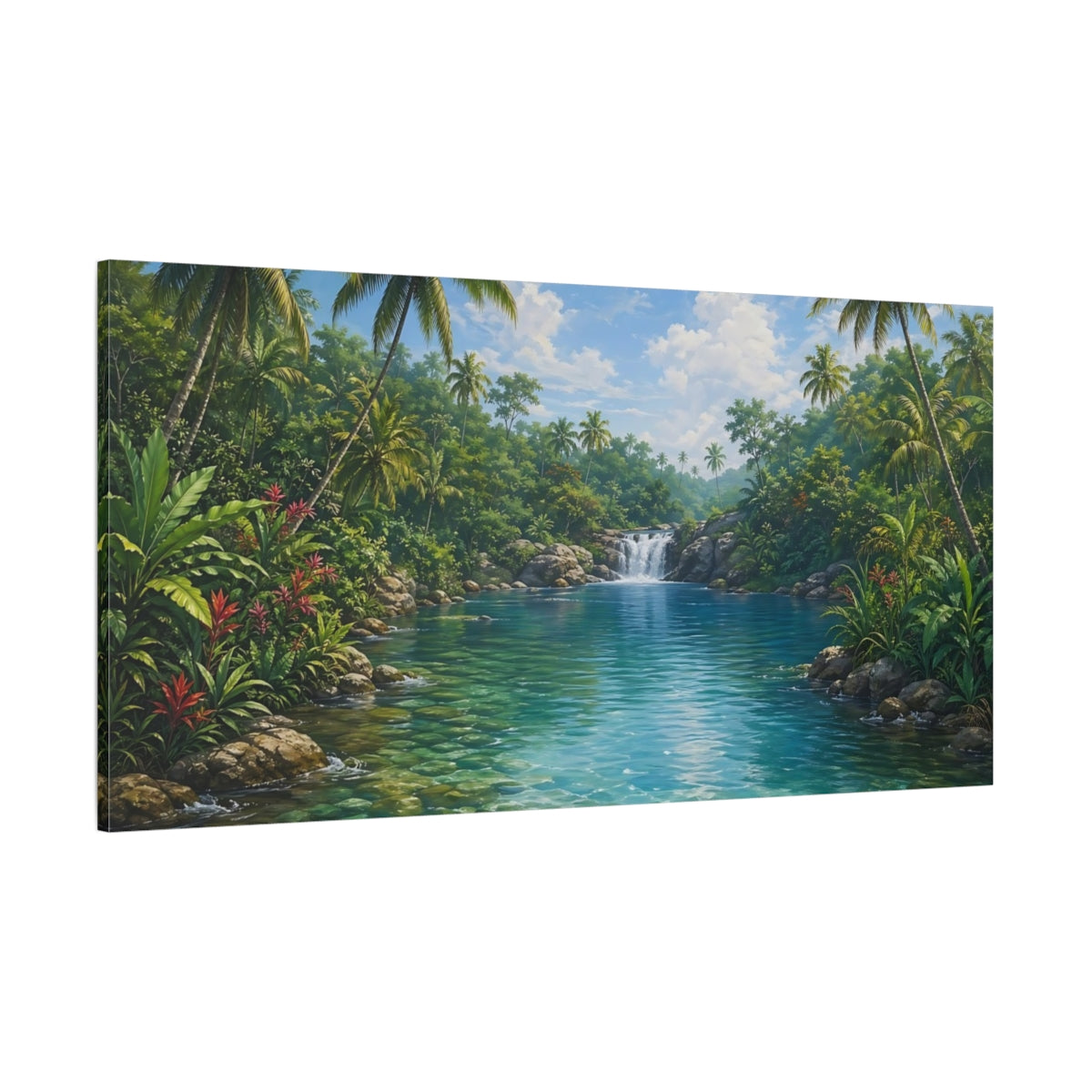 Side Mockup 2. Nature Tropical River Tropical Green Blue shown as stretched canvas wall art